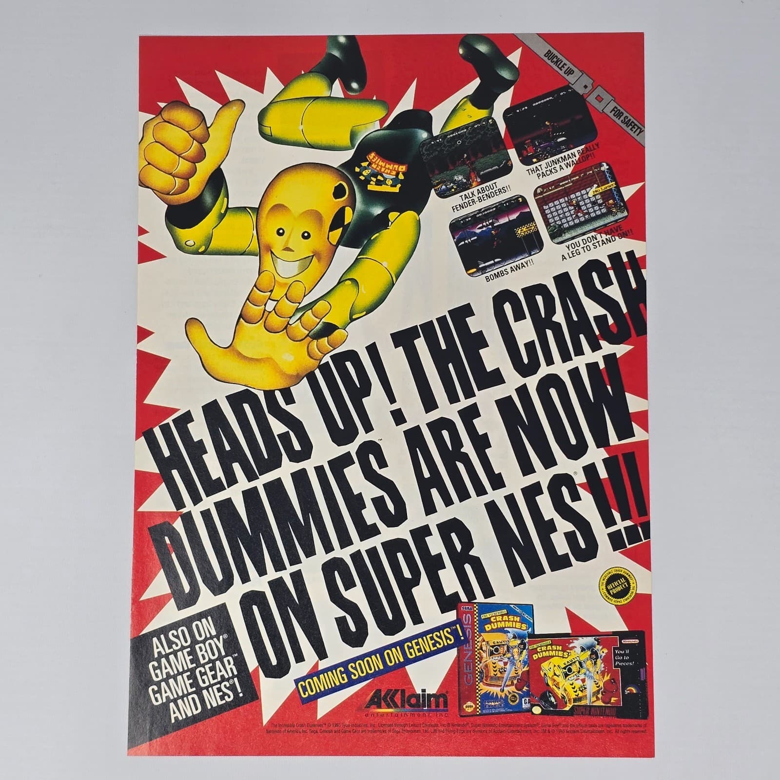 The Incredible Crash Dummies SNES Genesis NES Heads Up Print Ad/Poster Promo Art