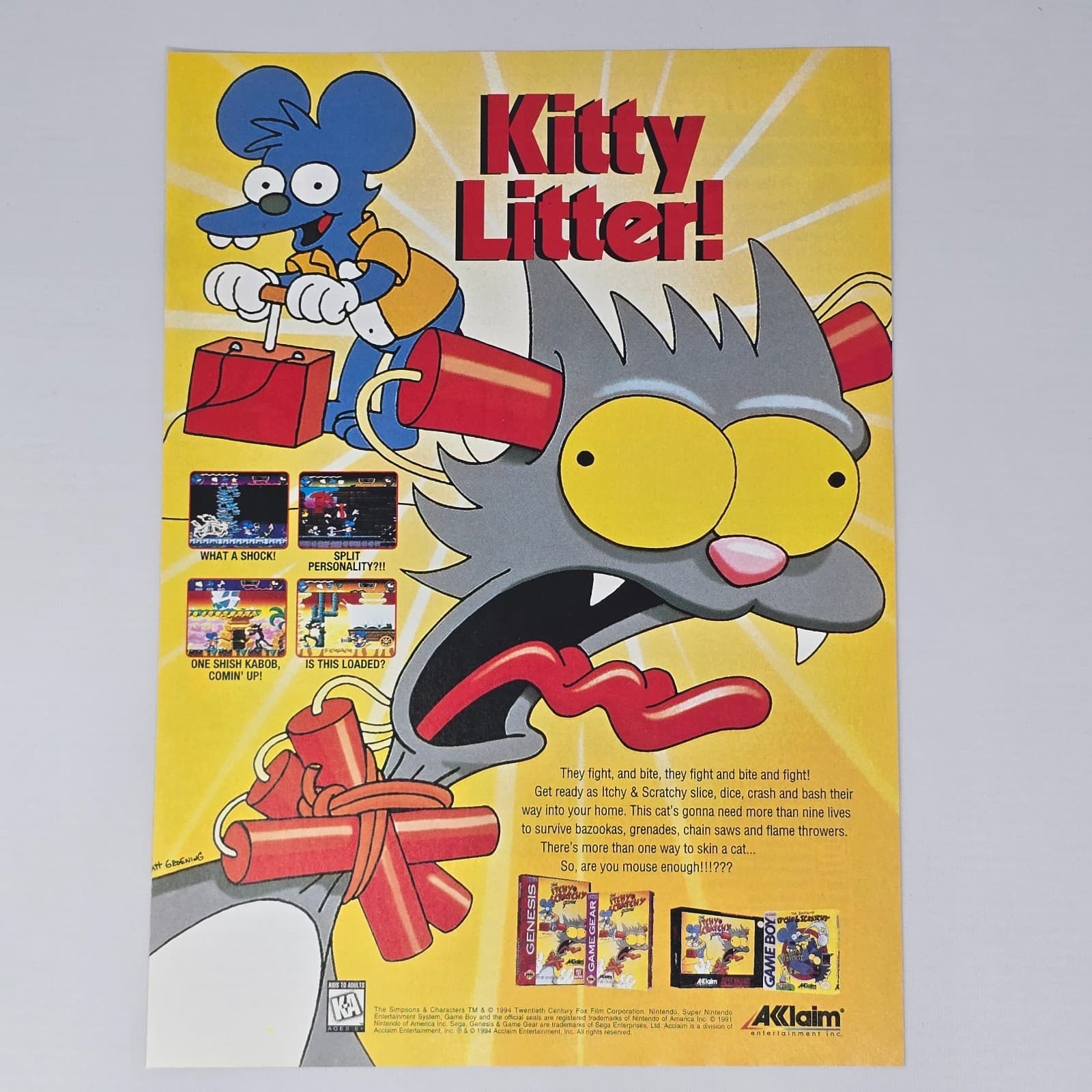 The Itchy & Scratchy Game Genesis SNES Kitty Litter Print Ad/Poster Promo Art