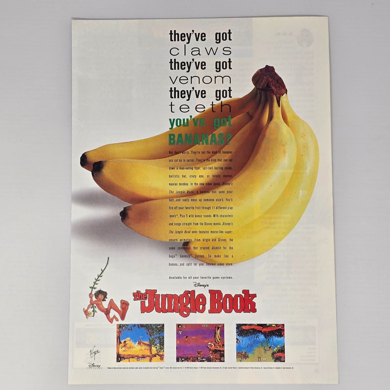 The Jungle Book Sega Genesis Bananas Print Ad/Poster Promo Art