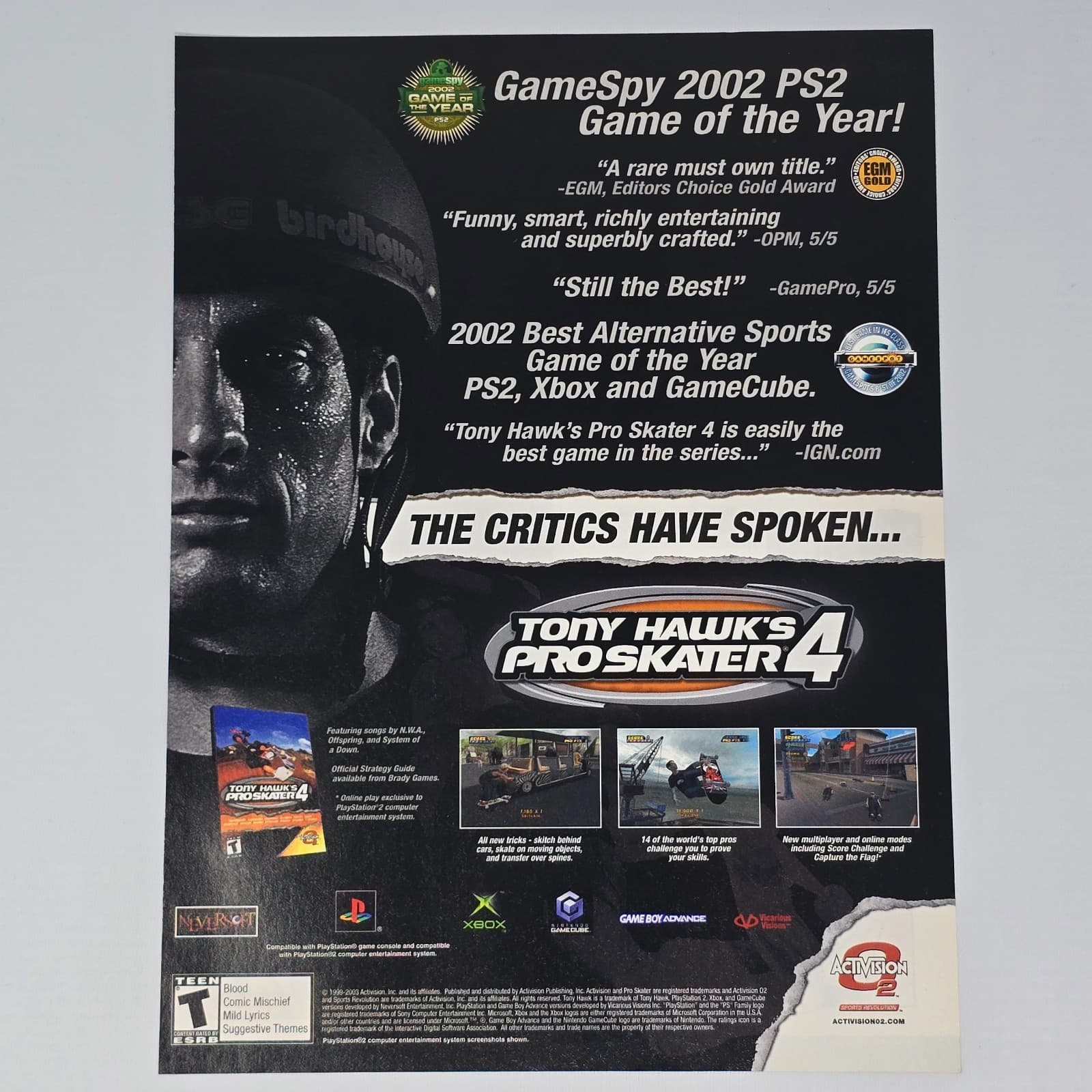 Tony Hawk's Pro Skater 4 PS2 Xbox GameCube Critics Print Ad/Poster Promo Art