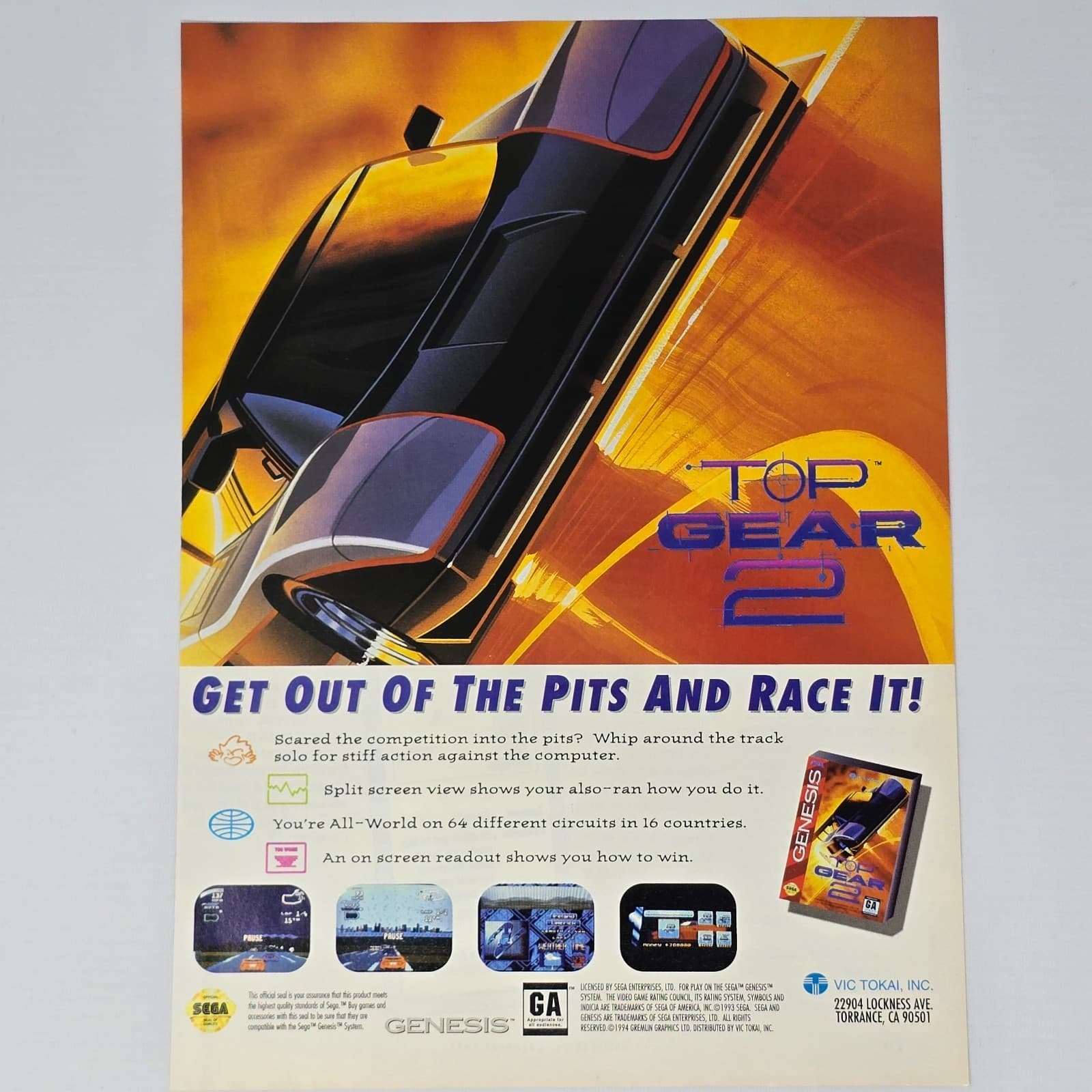 Top Gear 2 Sega Genesis Race It Print Ad/Poster Promo Art