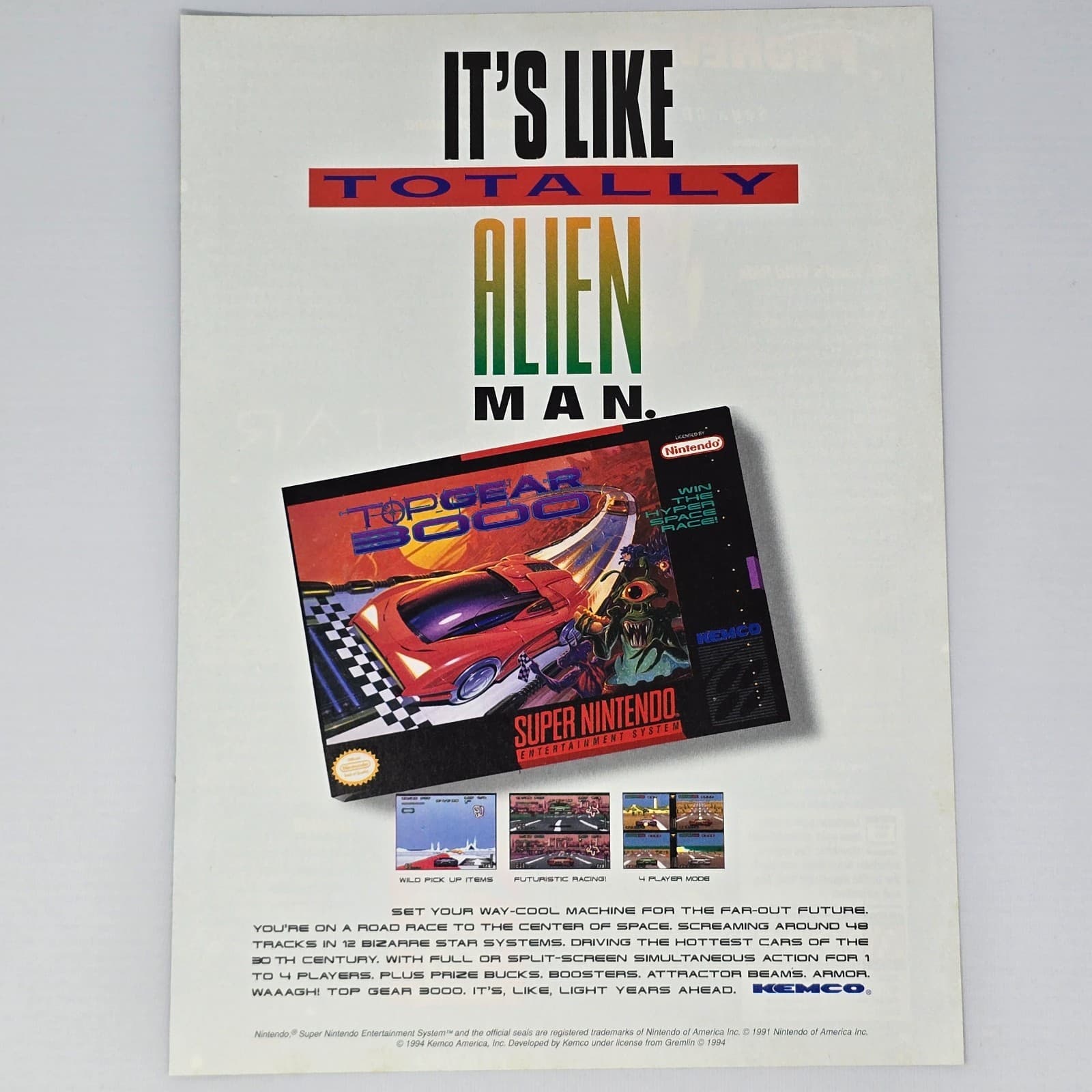 Top Gear 3000 Super Nintendo SNES Alien Print Ad/Poster Promo Art
