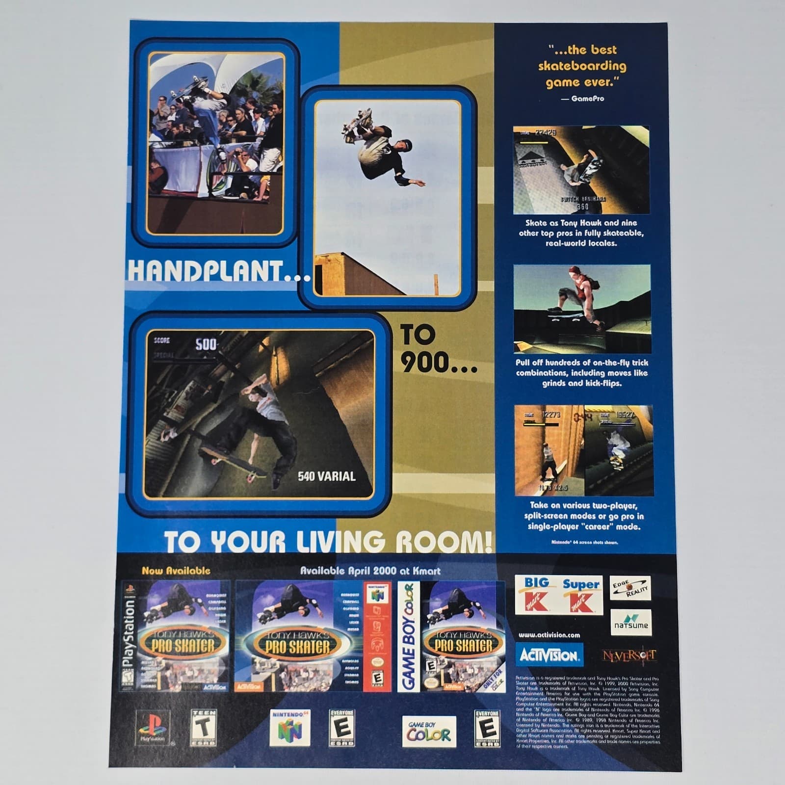 Tony Hawk's Pro Skater PlayStation 1 PS1 N64 Handplant Print Ad/Poster Promo Art