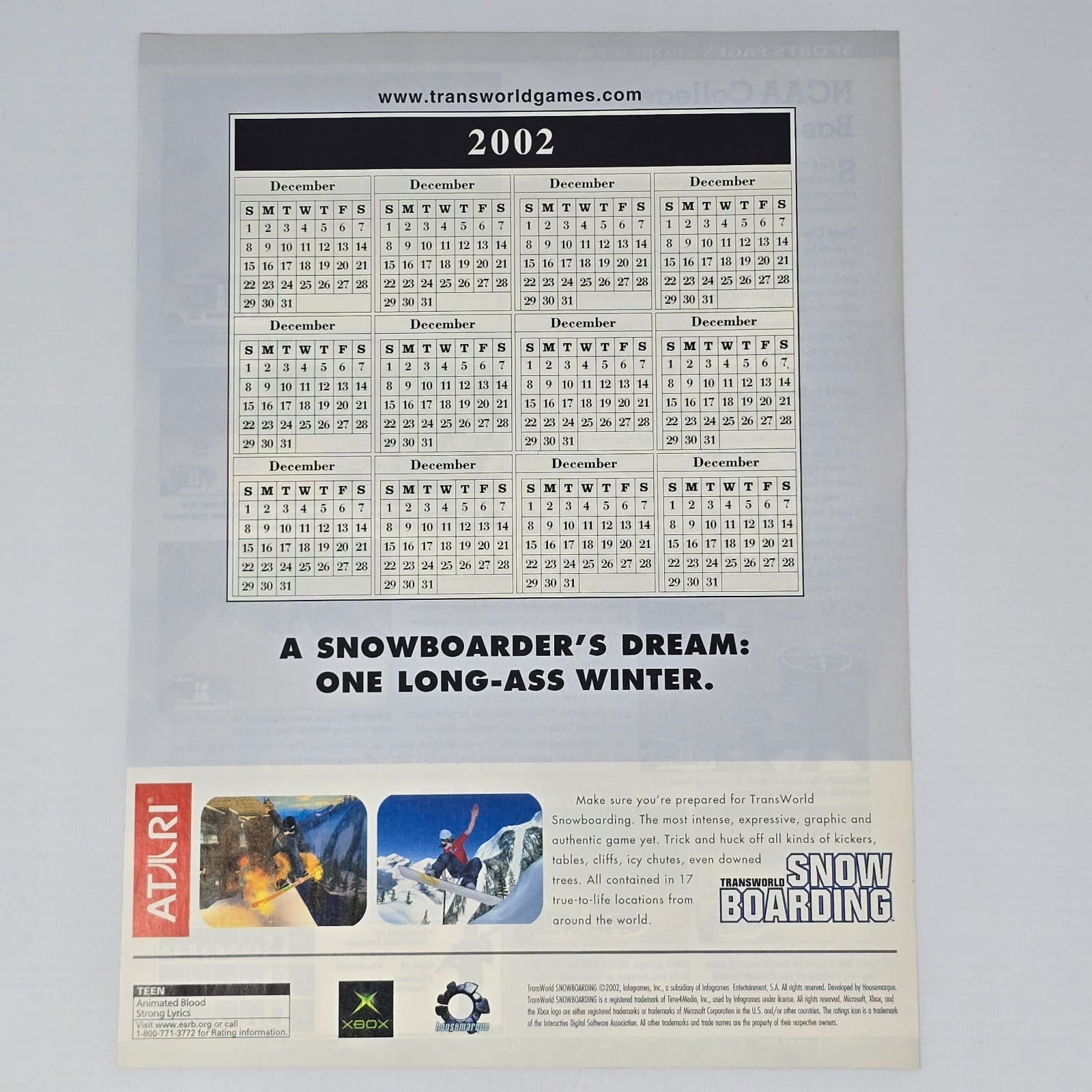 Transworld Snowboarding Xbox Winter Calendar Print Ad/Poster Promo Art