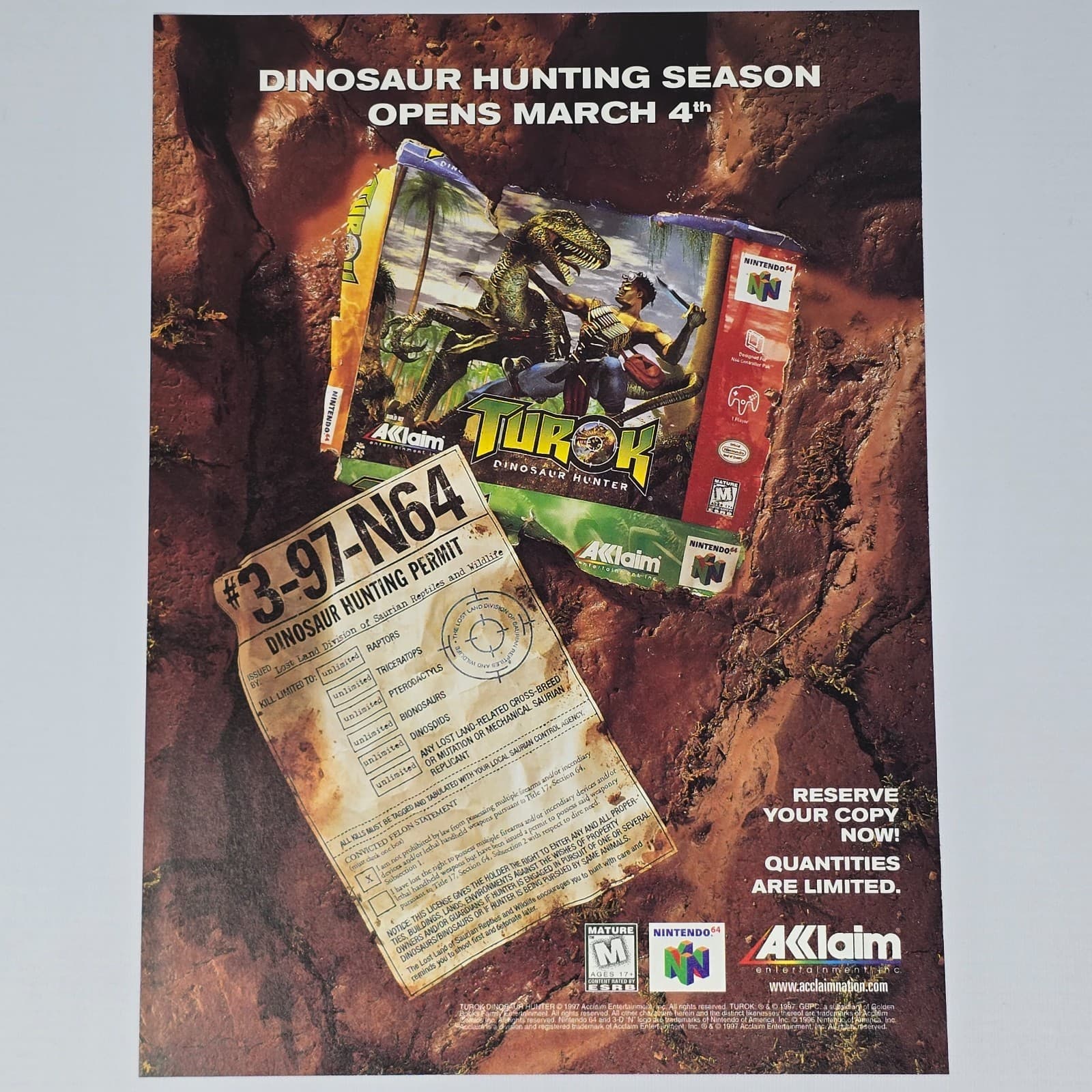Turok Dinosaur Hunter Nintendo 64 N64 Hunting Permit Print Ad/Poster Promo Art