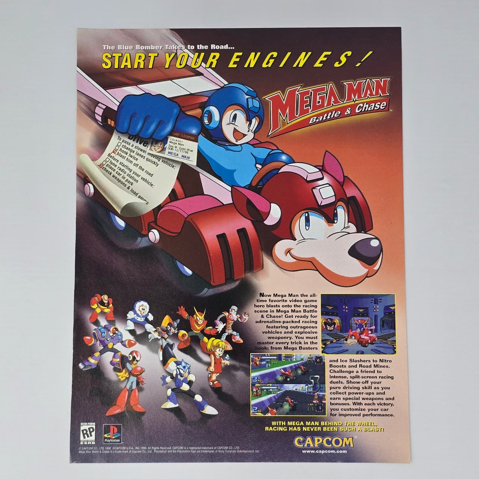 Mega Man Battle & Chase PlayStation 1 PS1 Blue Bomber Print Ad/Poster Promo Art