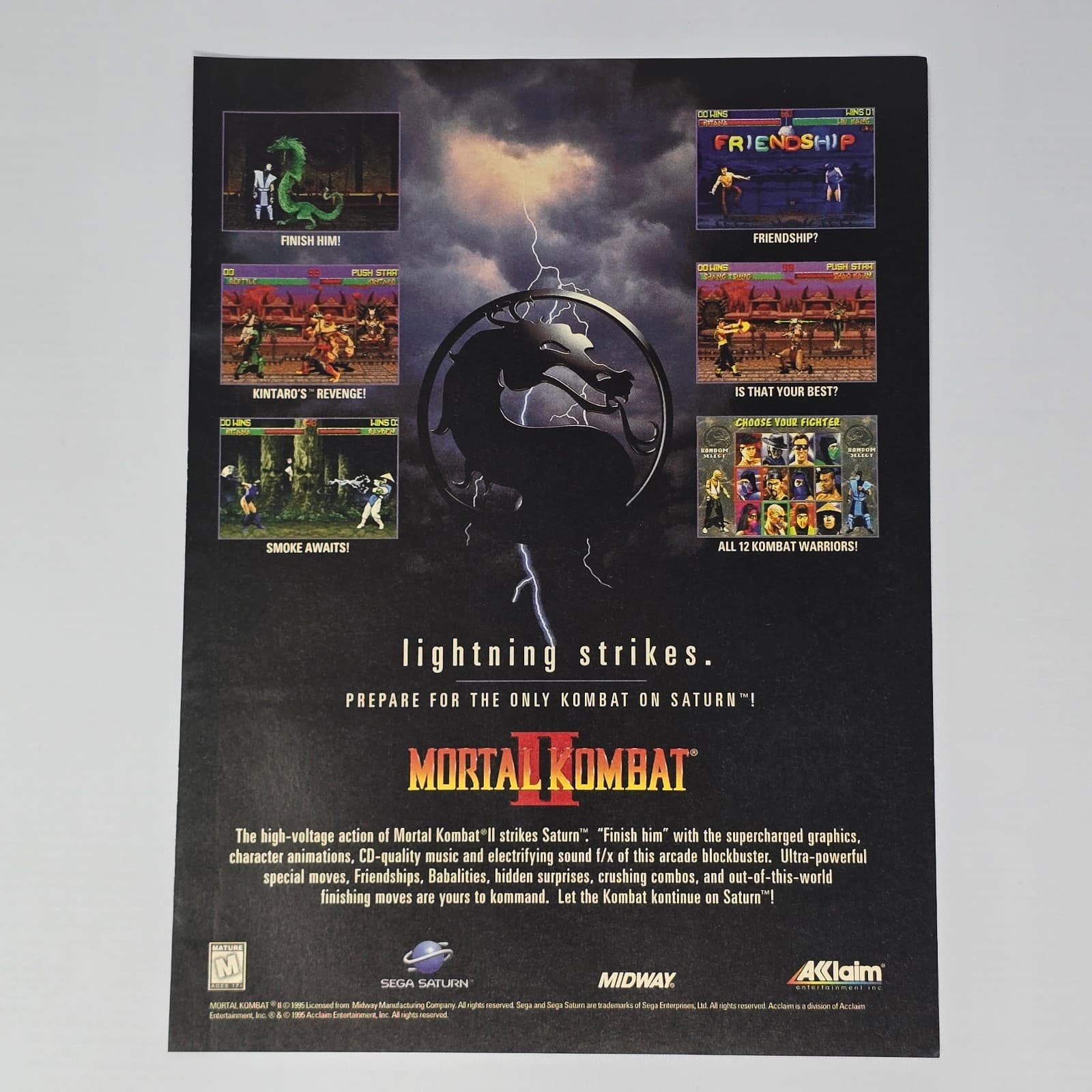 Mortal Kombat II 2 Sega Saturn Lighting Strikes Print Ad/Poster Promo Art