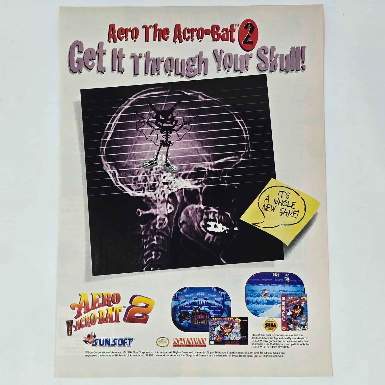 Aer the Acro-Bat AcroBat 2 Nintendo SNES Genesis Skull Print Ad/Poster Promo Art