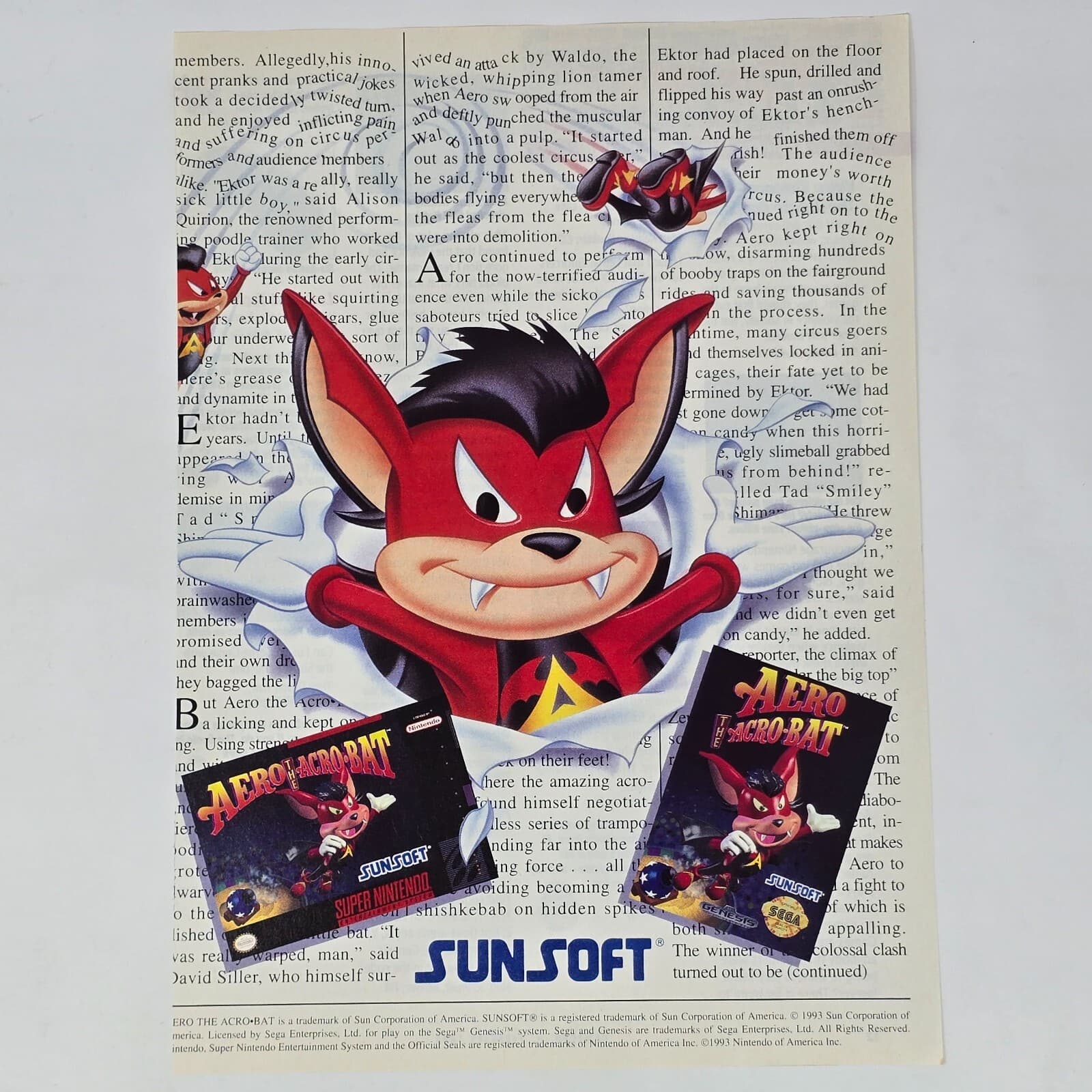 Aer the Acro-Bat AcroBat Super Nintendo SNES News Print Ad/Poster Promo Art