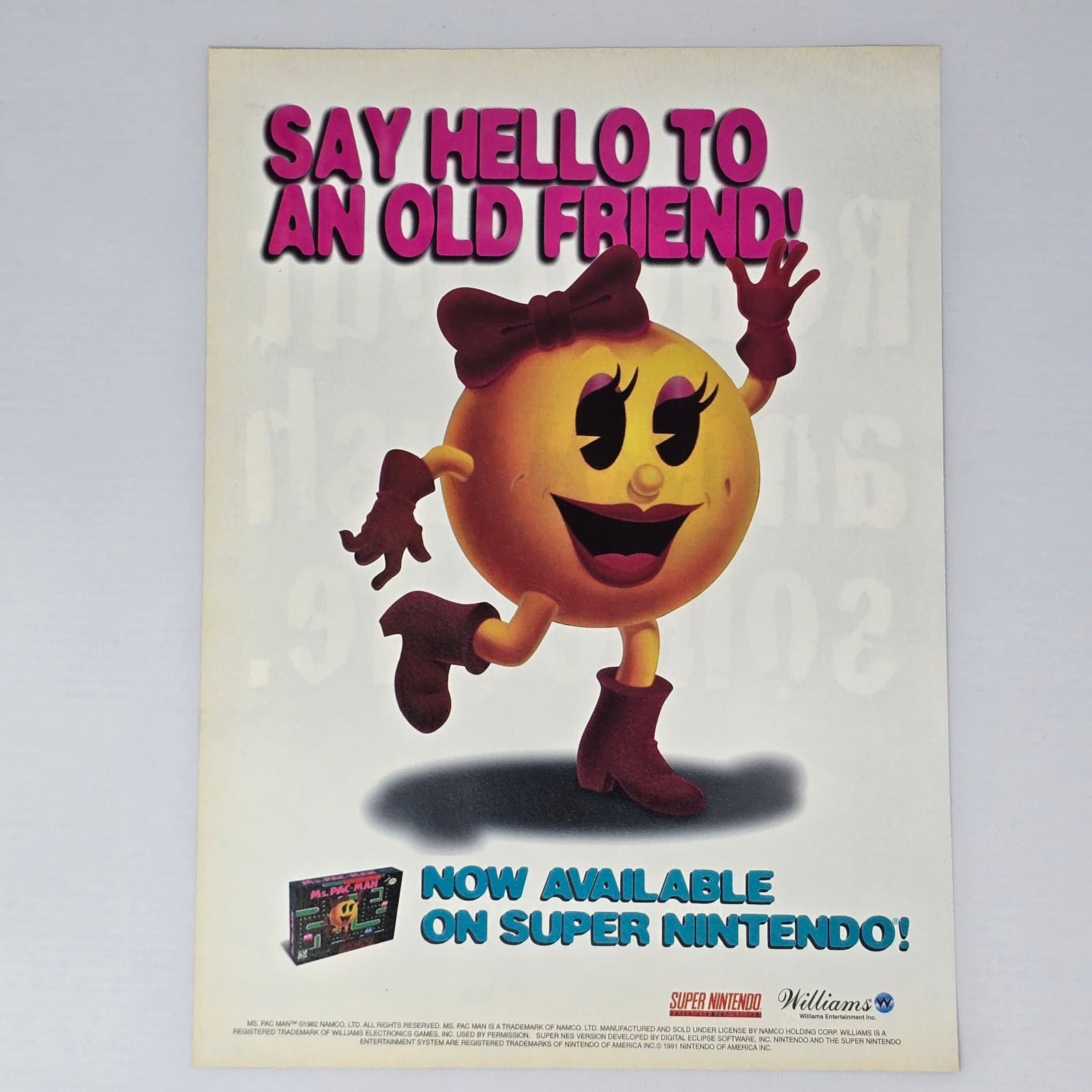 Ms Pac-Man Super Nintendo SNES Say Hello Print Ad/Poster Promo Art