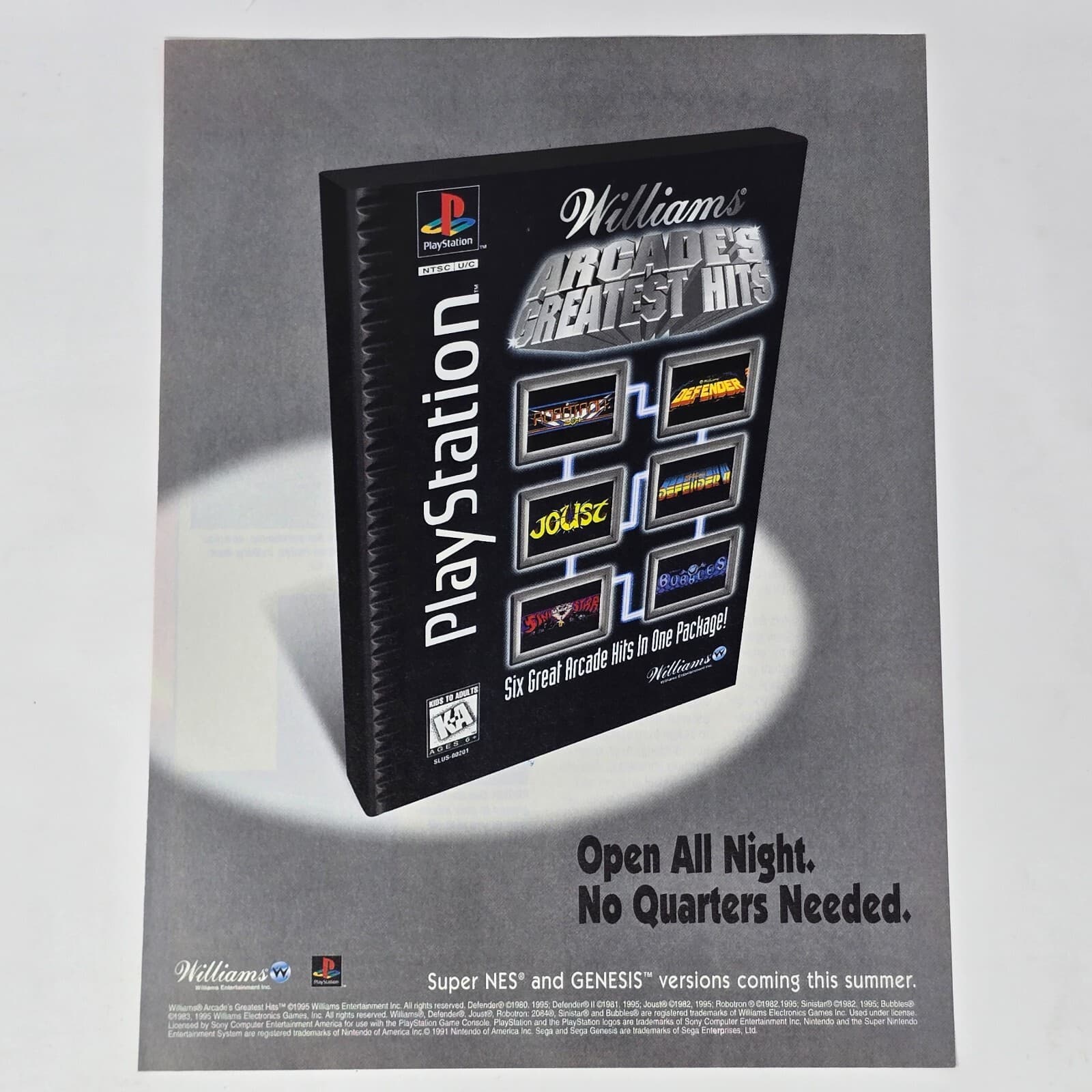 Arcade's Greatest Hits Williams PS1 Genesis SNES Open Print Ad/Poster Promo Art