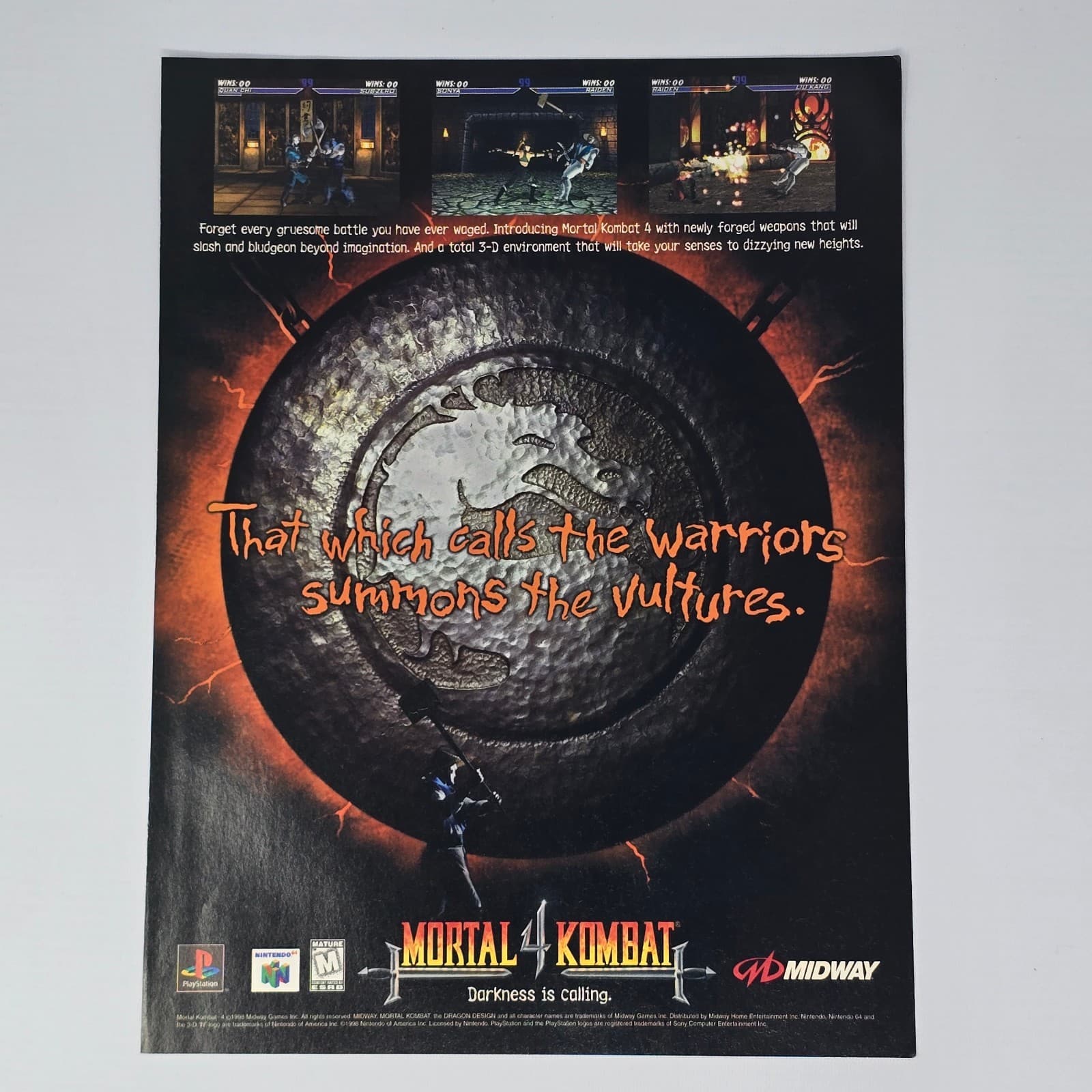 Mortal Kombat 4 PlayStation 1 PS1 Nintendo 64 N64 Gong Print Ad/Poster Promo Art