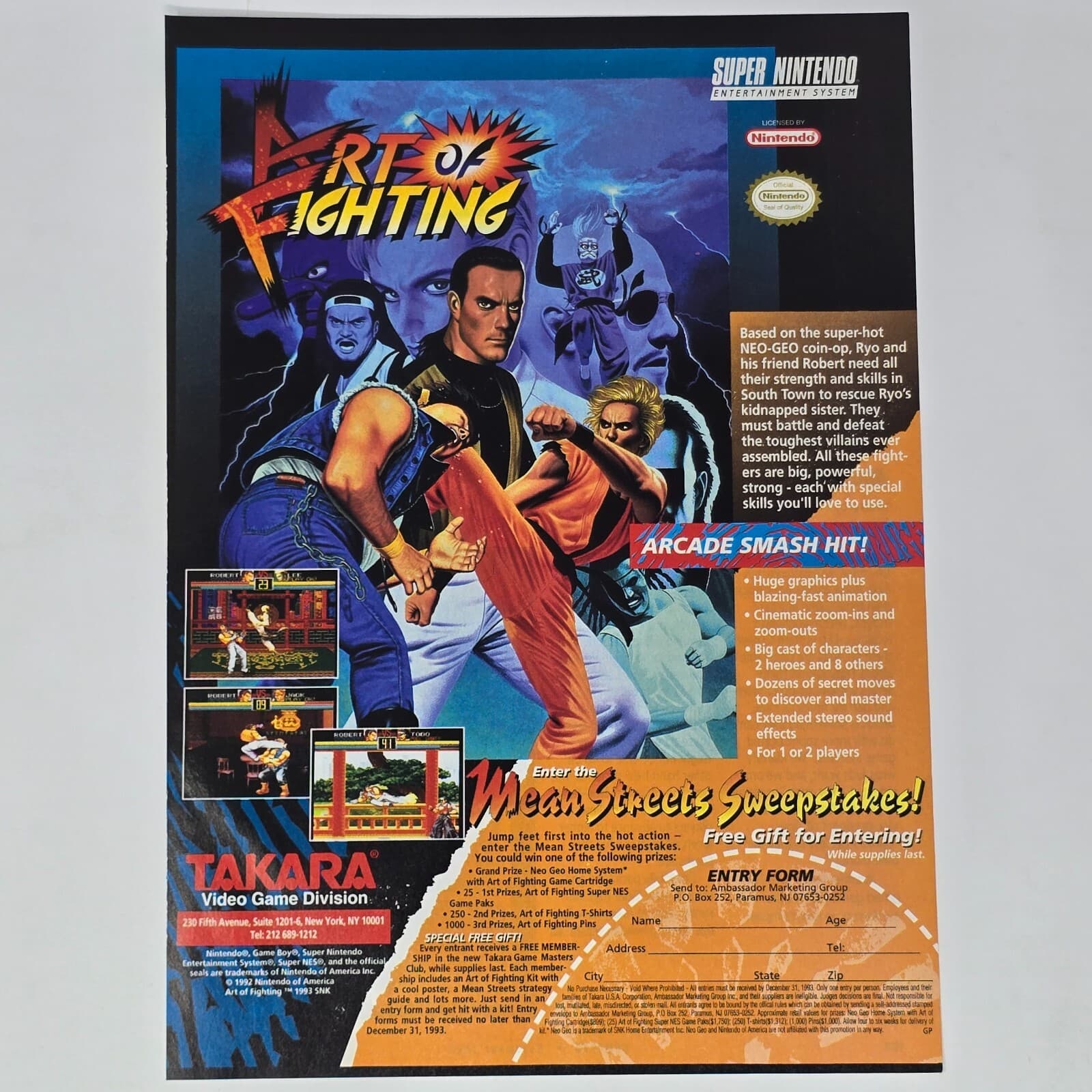 Art of Fighting Super Nintendo SNES Arcade Smash Hit Print Ad/Poster Promo Art