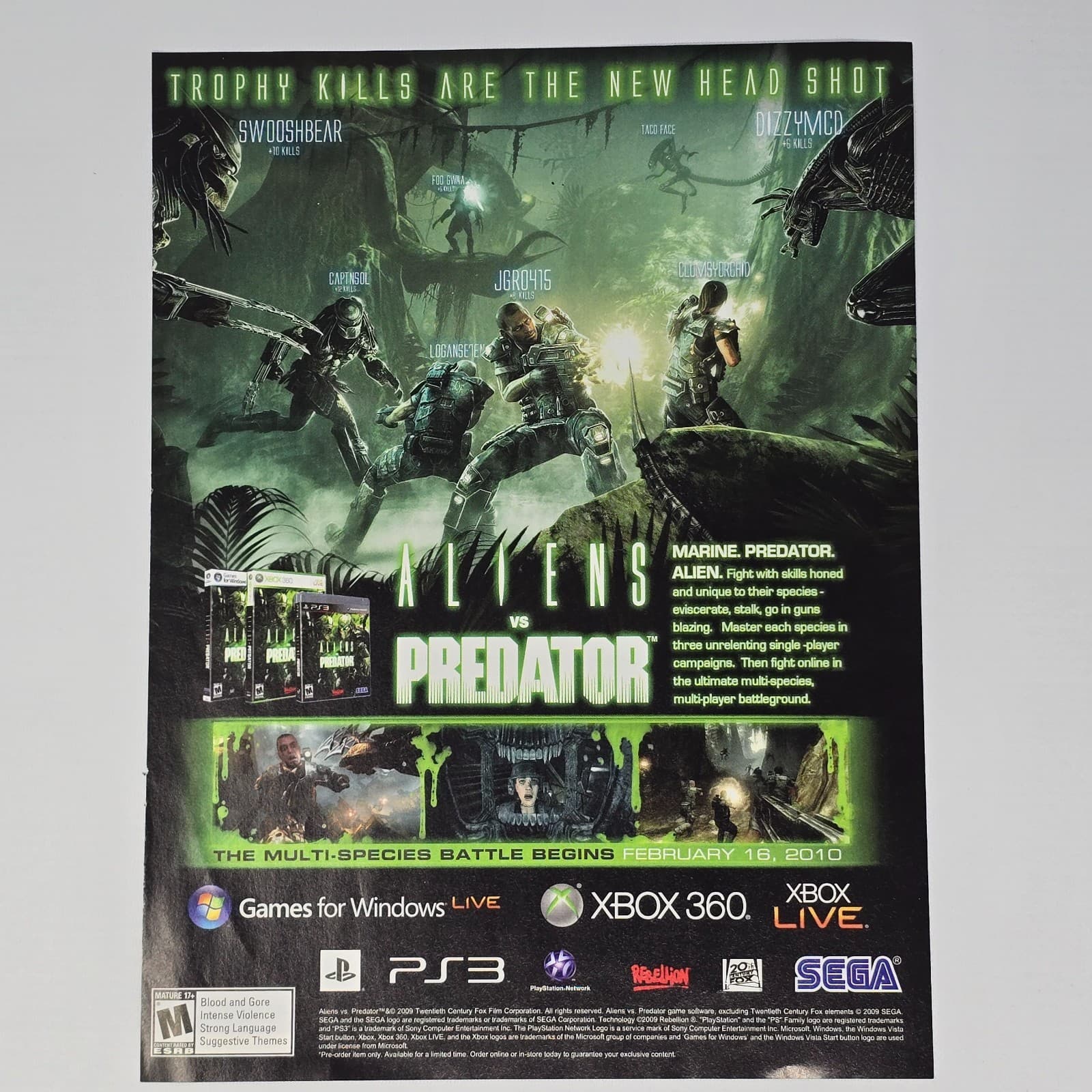Aliens VS Predator PlayStation 3 PS3 Xbox 360 PC Trophy Kills Print Ad/Poster