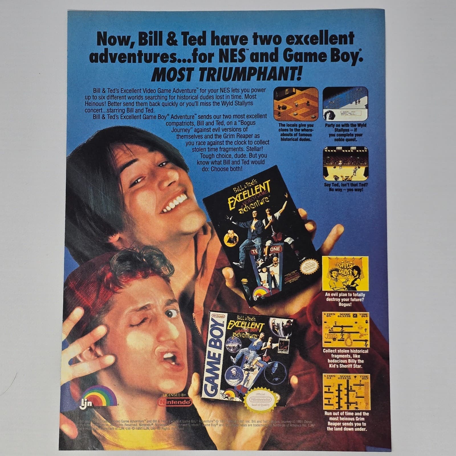 Bill & Ted's Excellent Adventure Nintendo GameBoy Triumphant Print Ad/Poster