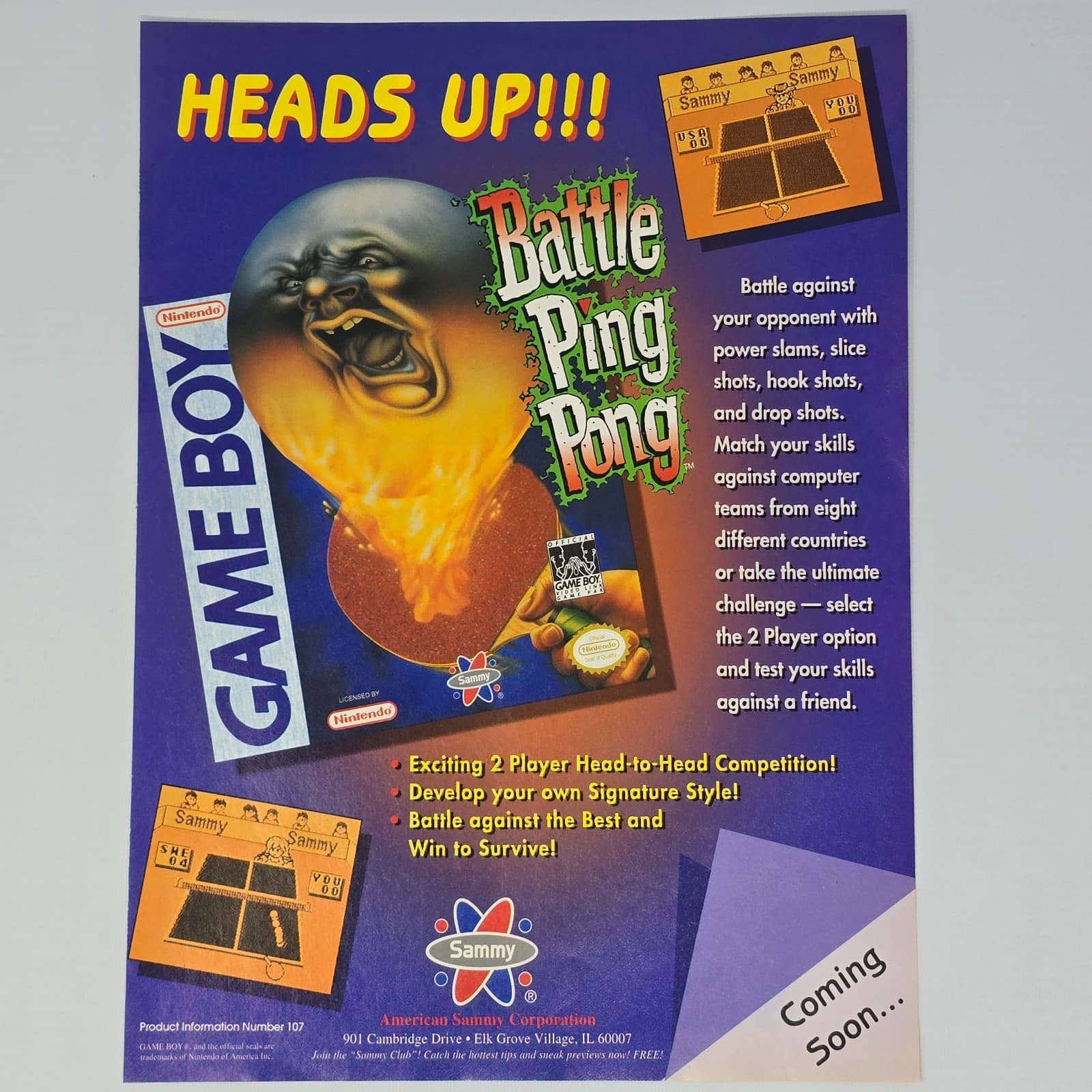 Battle Ping Pong Nintendo GameBoy Heads UP Print Ad/Poster