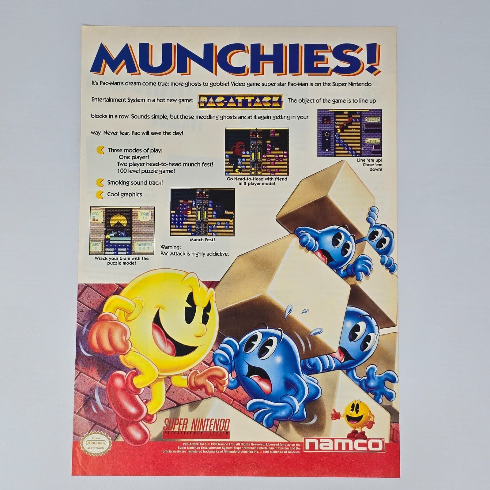 Pac-Attack Super Nintendo SNES Munchies Print Ad/Poster Promo Art