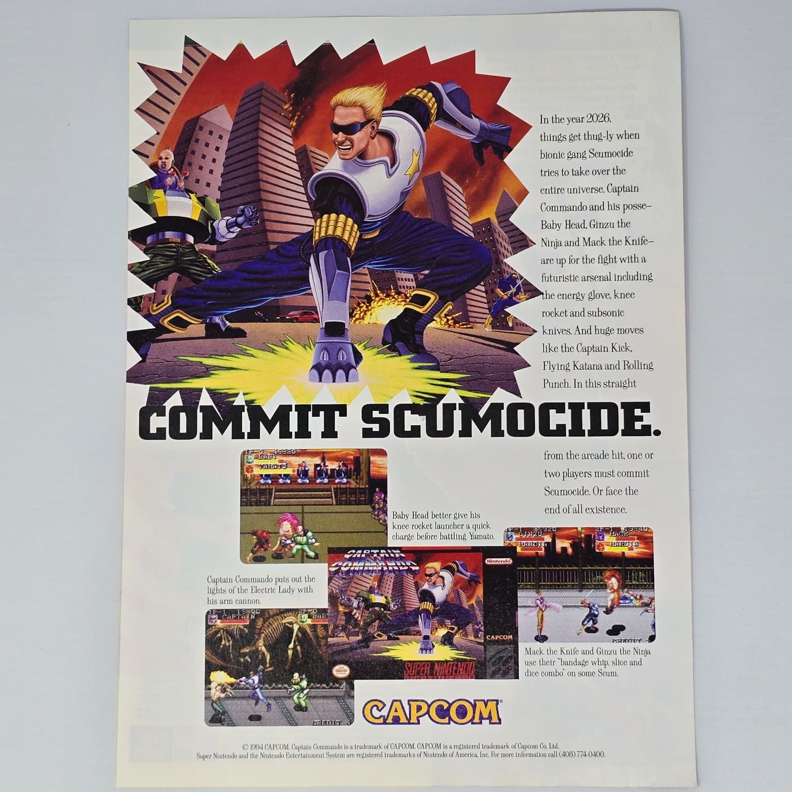 Captain Commando Super Nintendo SNES Commit Scumocide Print Ad/Poster