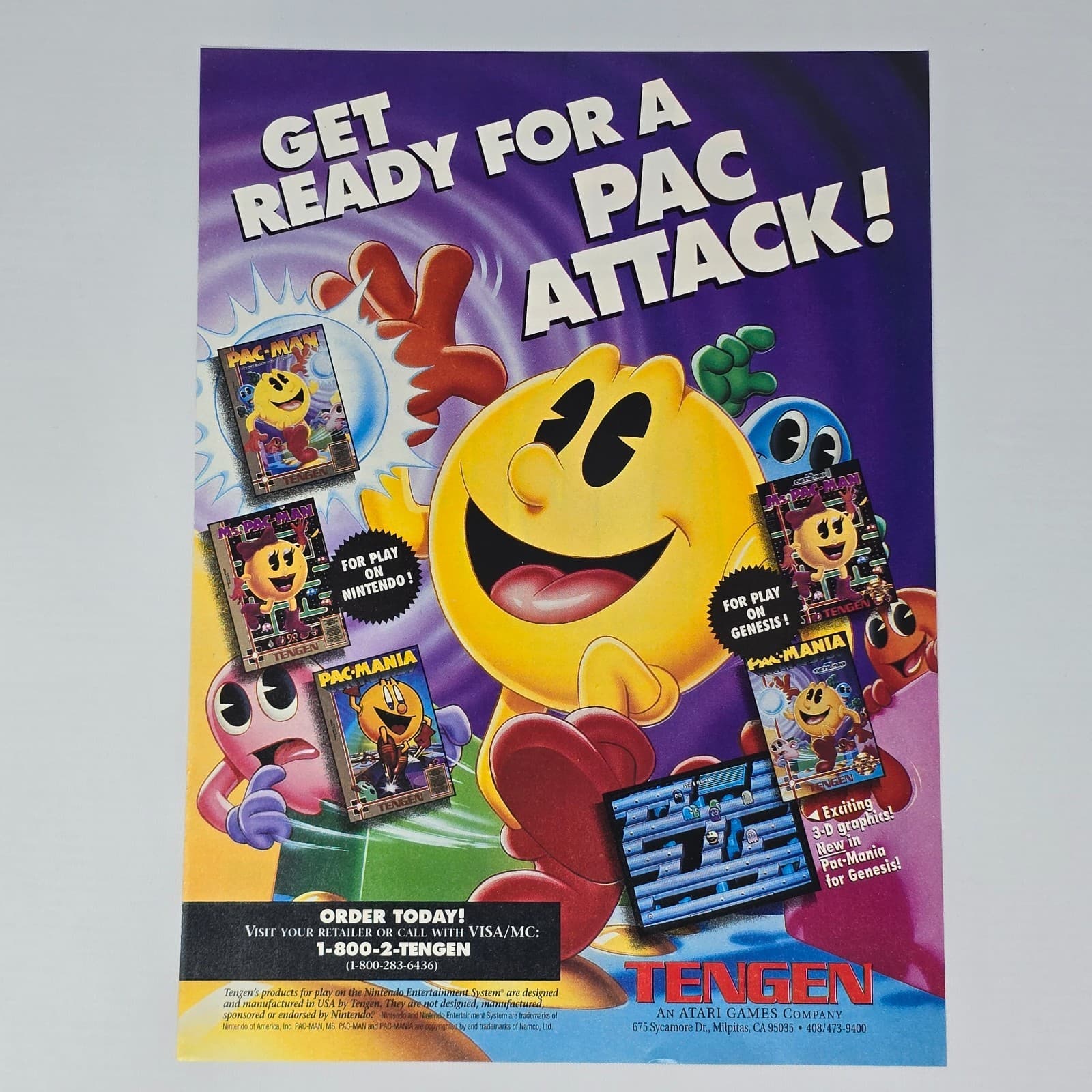 Pac-Man Pac-Mania Nintendo NES Sega Genesis Get Ready Print Ad/Poster Promo Art