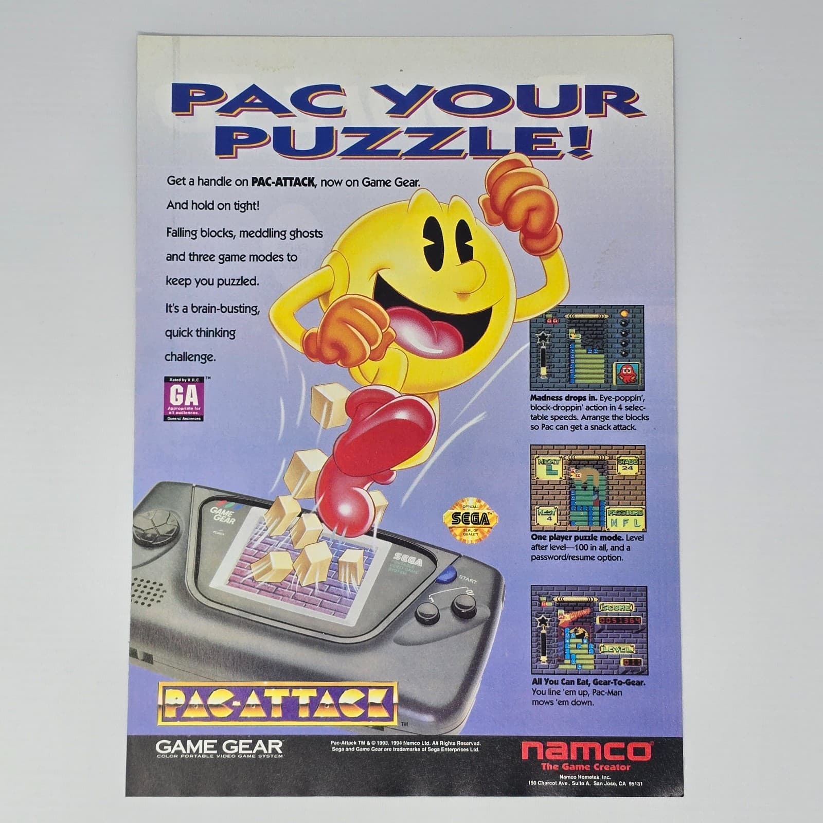 Pac-Attack Sega Game Gear Pac Your Puzzle Print Ad/Poster Promo Art