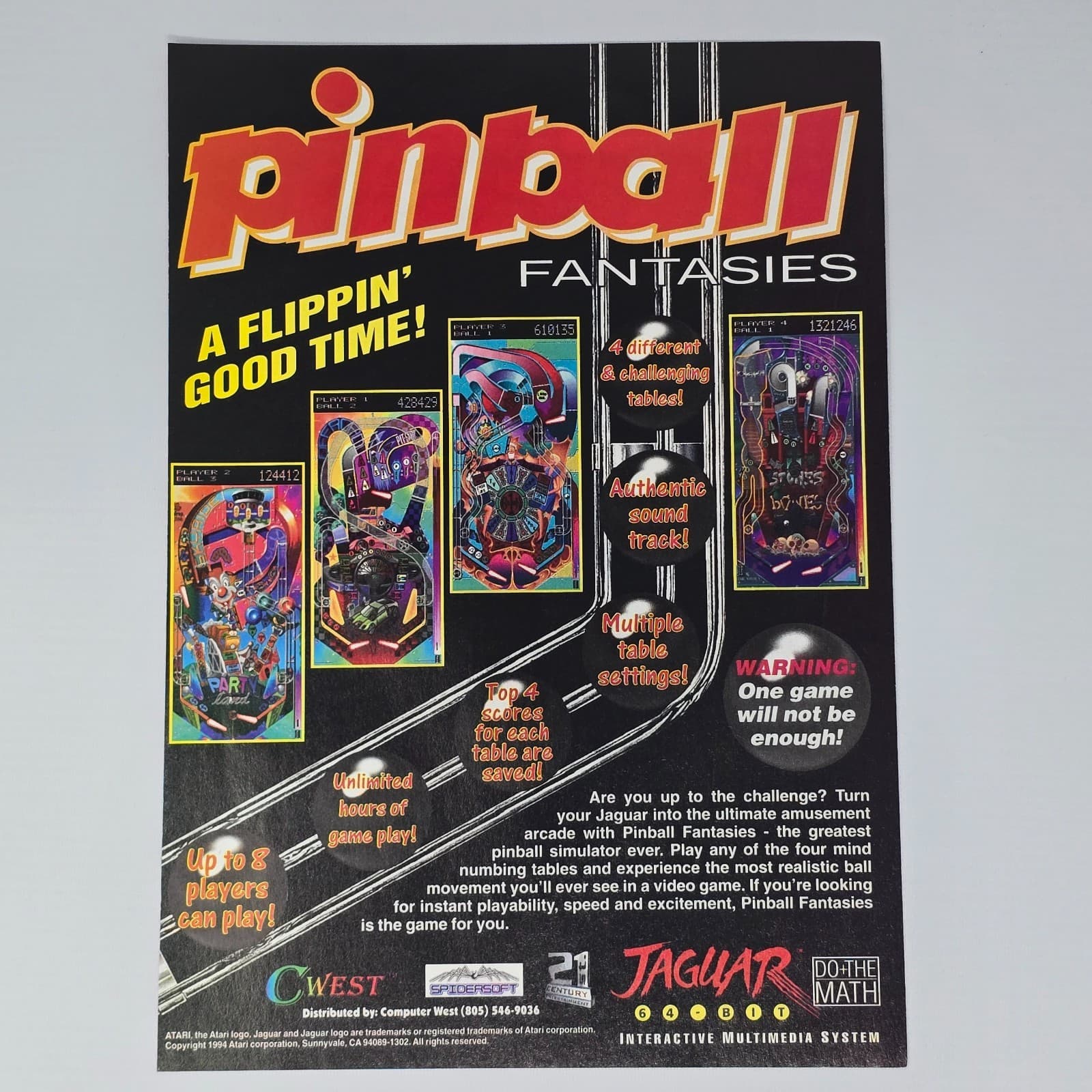 Pinball Fantasies Atari Jaguar Flippin Good Time Print Ad/Poster Promo Art