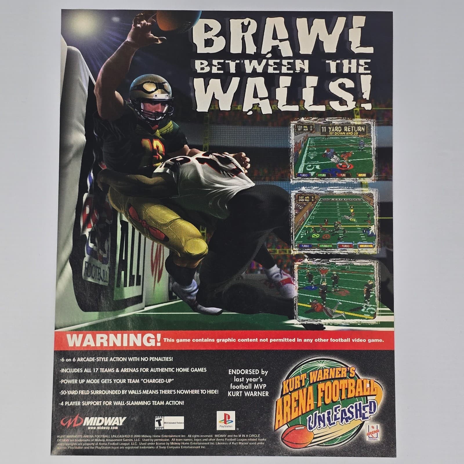 Kurt Warner's Arena Football Unleashed PlayStation 1 PS1 Brawl Print Ad/Poster