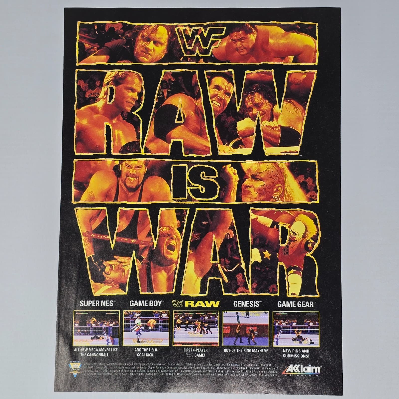 WWF Raw Is War SNES Game Boy Genesis Game Gear Goal Kick Print Ad/Poster