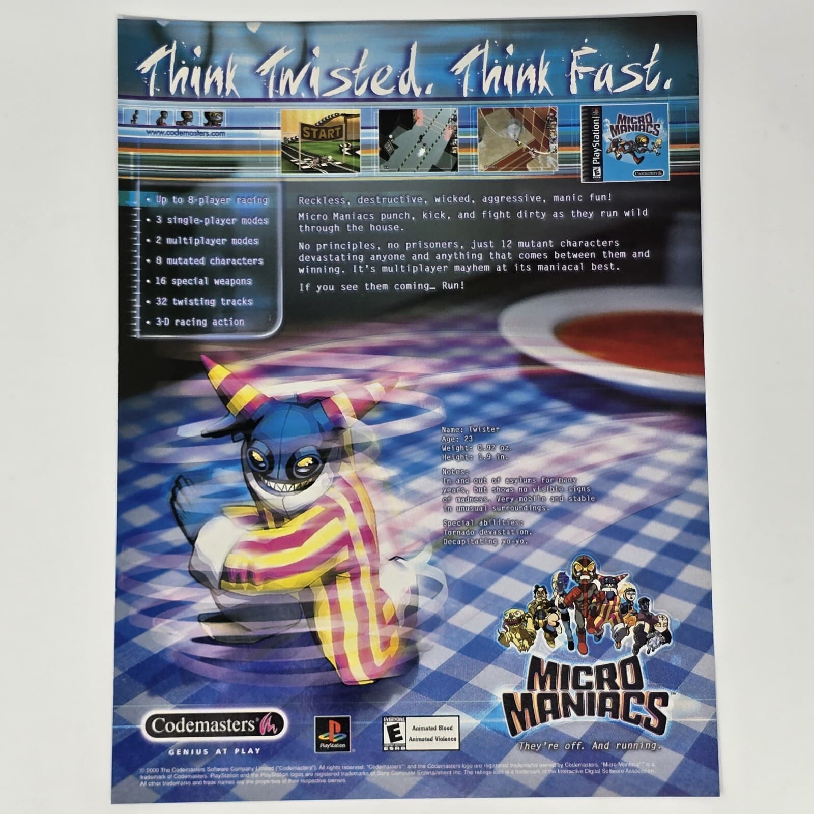 Micro Maniacs PlayStation PS1 Think Twisted Print Ad/Poster Official Promo Art