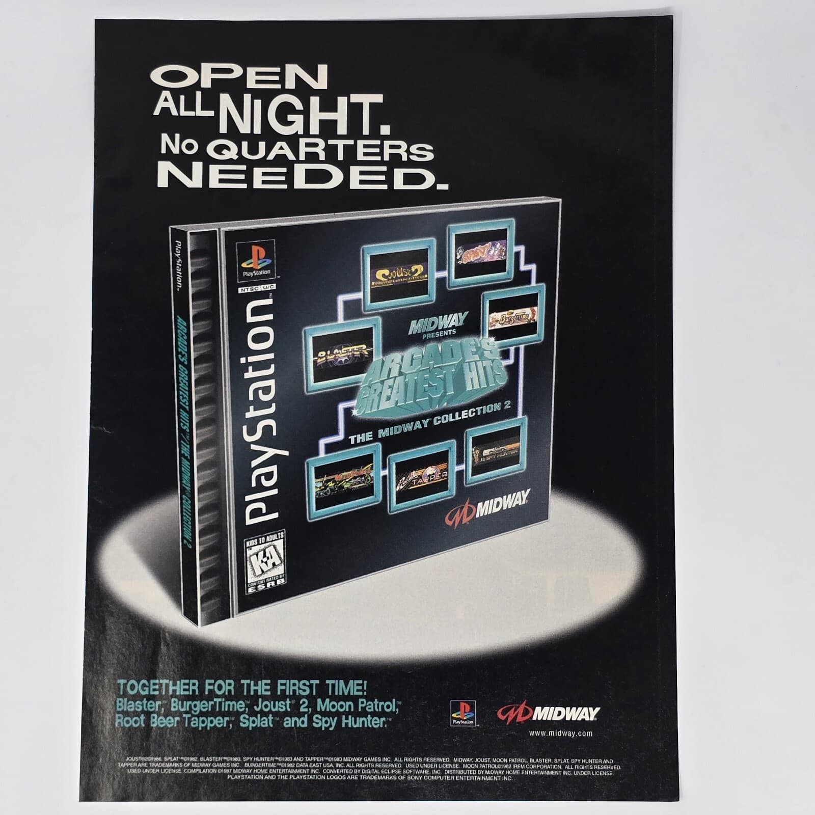 Midway Arcade's Greatest Hits PS1 No Quarters Print Ad/Poster Official Promo Art