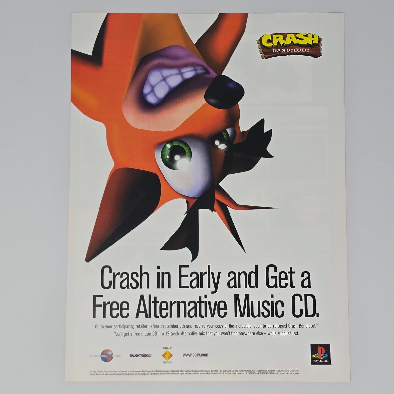 Crash Bandicoot PlayStation PS1 Crash In Early Print Ad/Poster