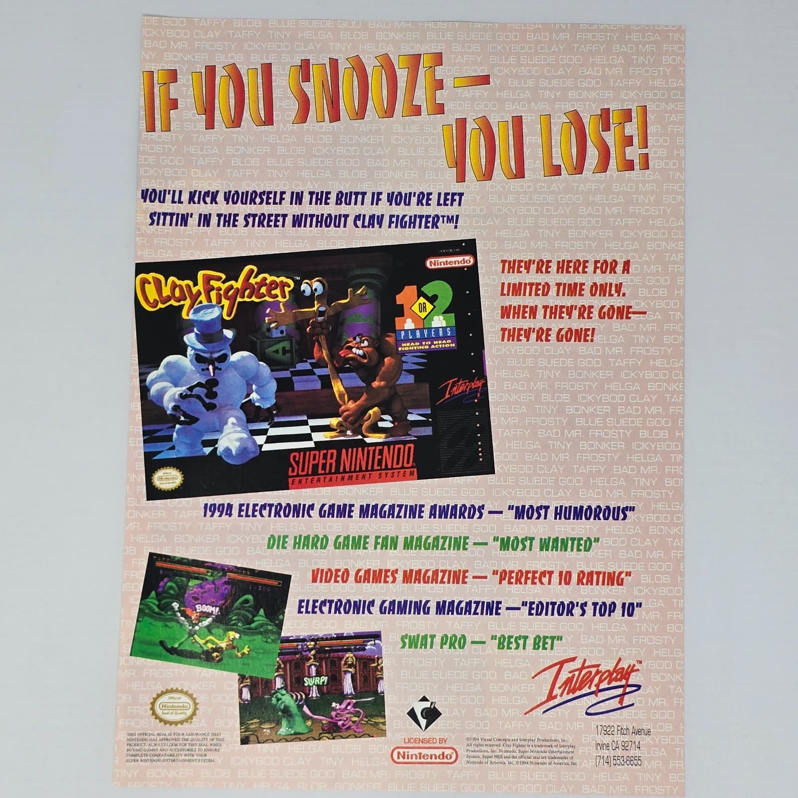 Clay Fighter Super Nintendo SNES Kick Yourself Print Ad/Poster