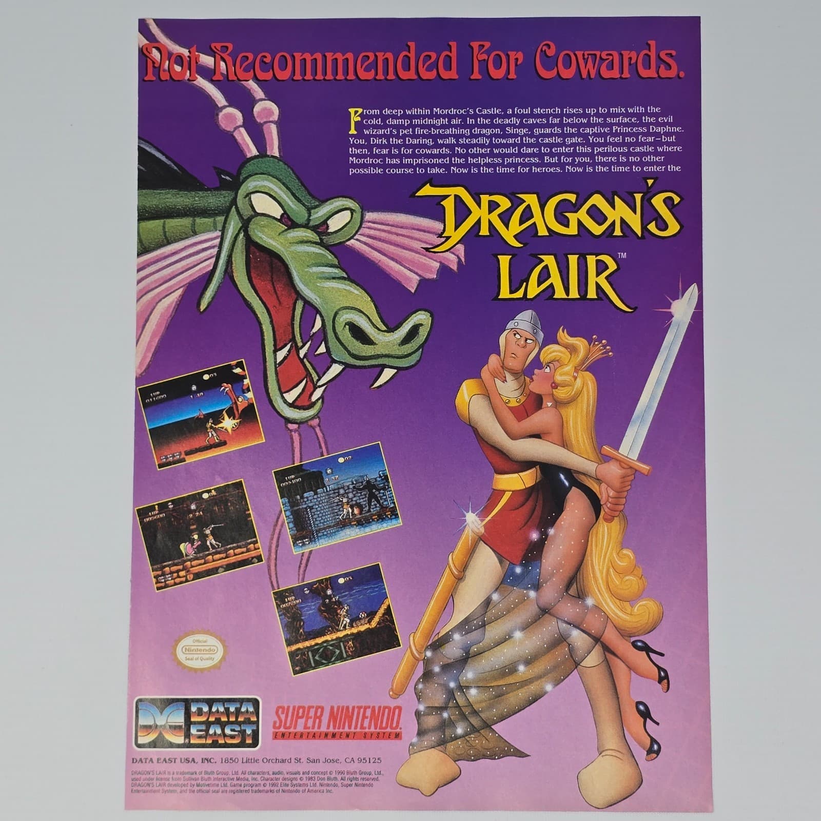 Dragon's Lair Super Nintendo SNES Cowards Print Ad/Poster