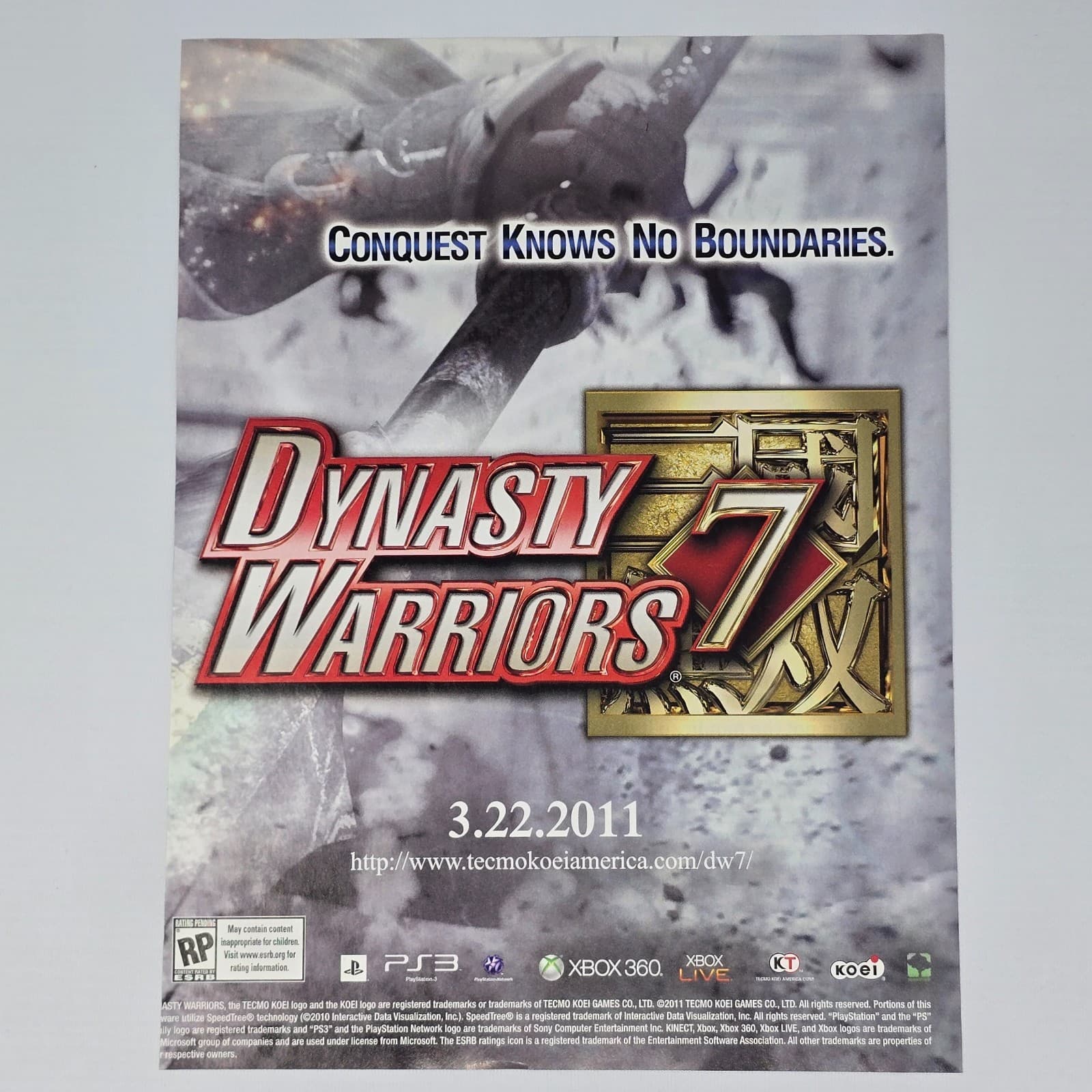Dynasty Warriors 7 PlayStation 3 PS3 Xbox 360 Conquest Print Ad/Poster