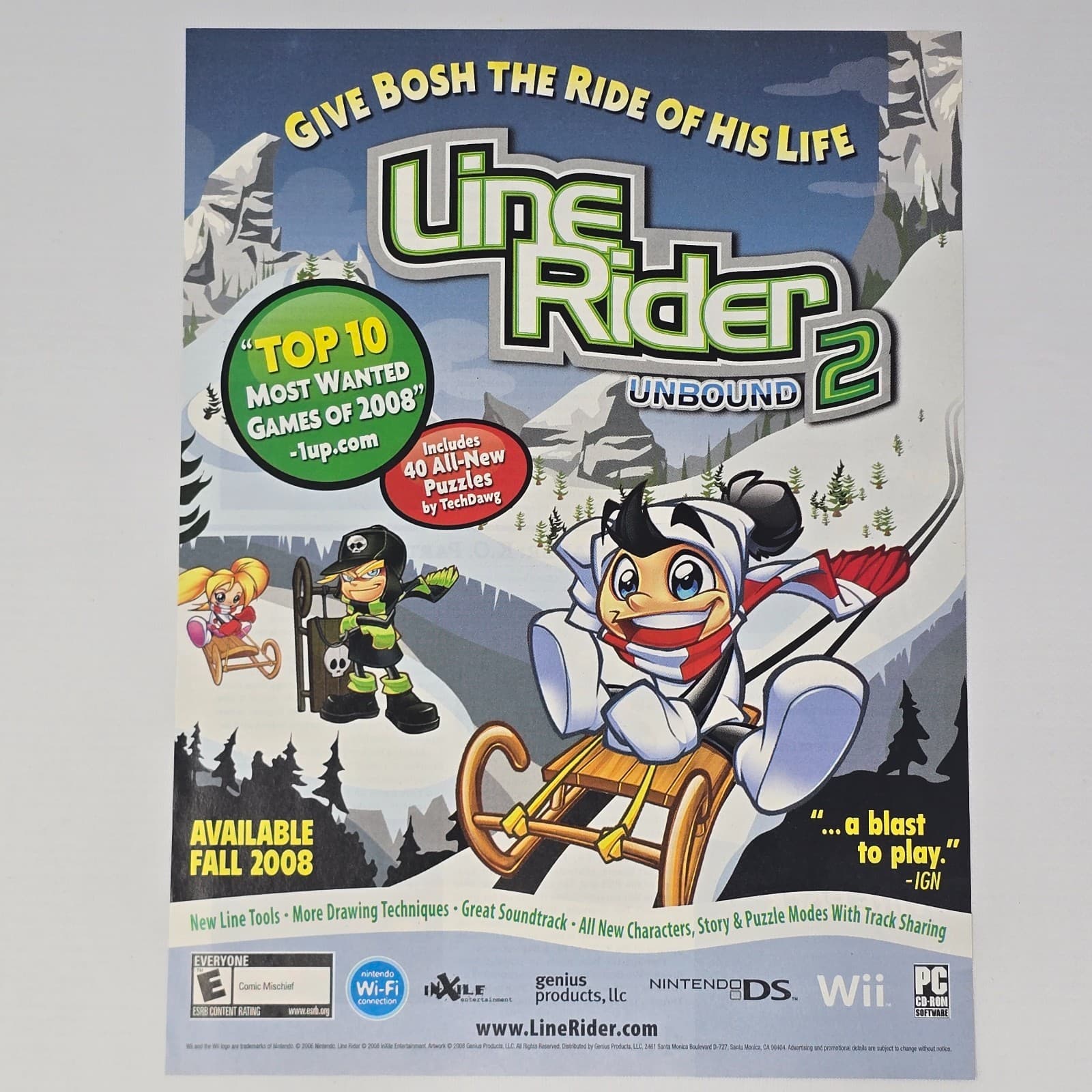 Line Rider 2 Unbound Nintendo DS NDS Wii Give Bosh Print Ad/Poster