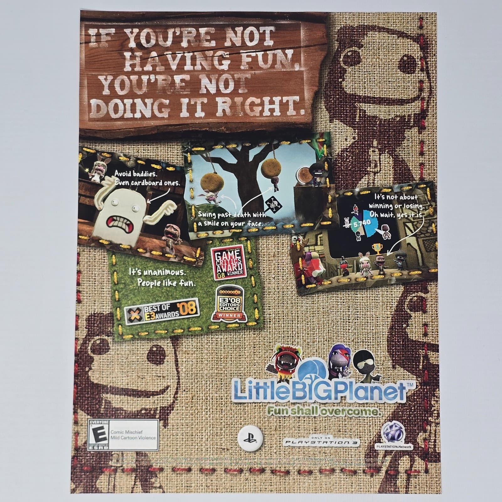 L:ittle Big Planet PlayStation 3 PS3 Fun Shall Overcome Print Ad/Poster