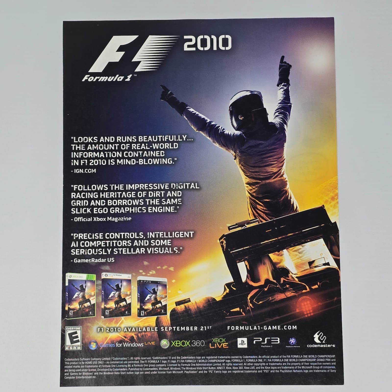 Formula 1 2010 Xbox 360 PlayStation 3 PS3 PC Impressive Print Ad/Poster