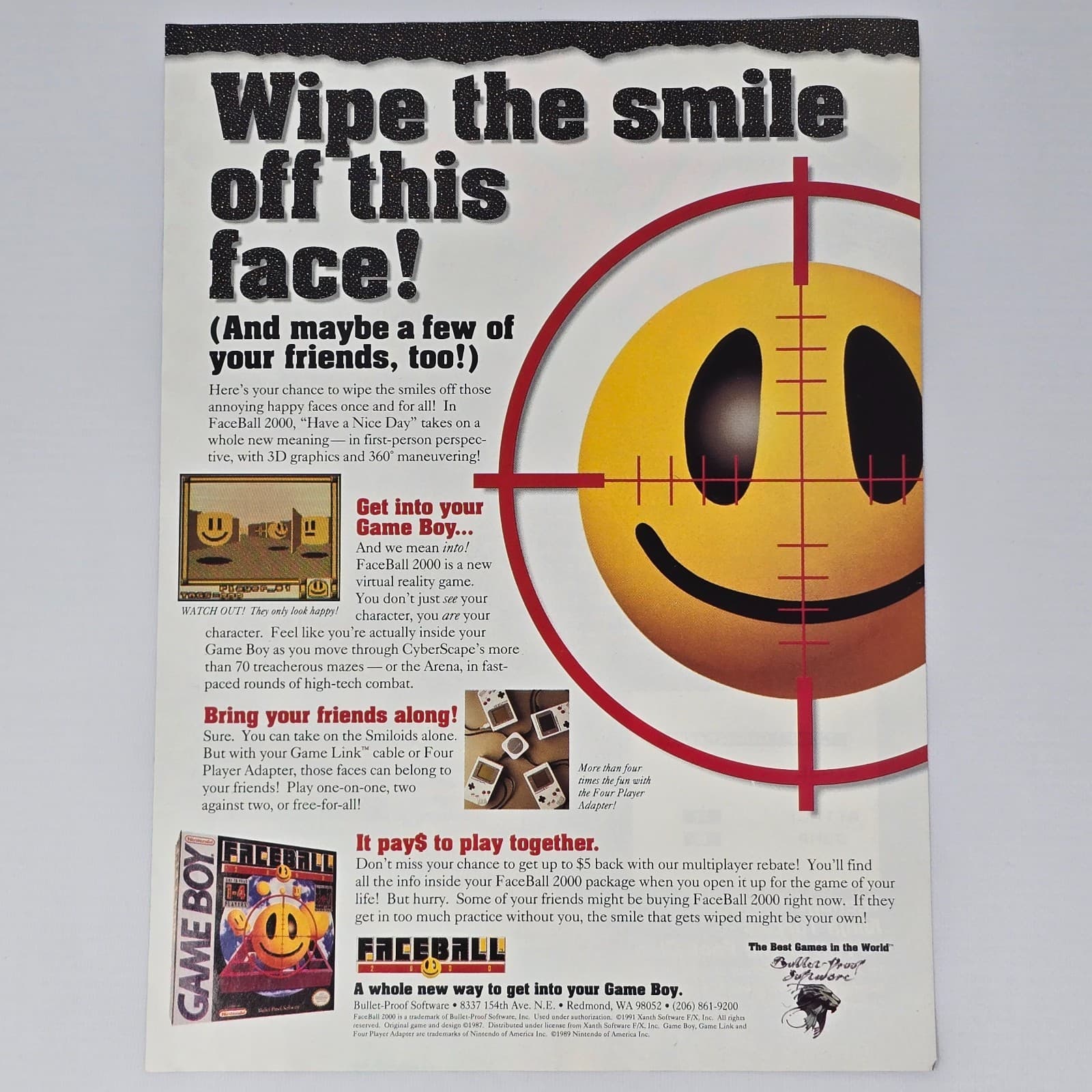 Faceball 2000 Nintendo Game Boy Wipe The Smile Print Ad/Poster