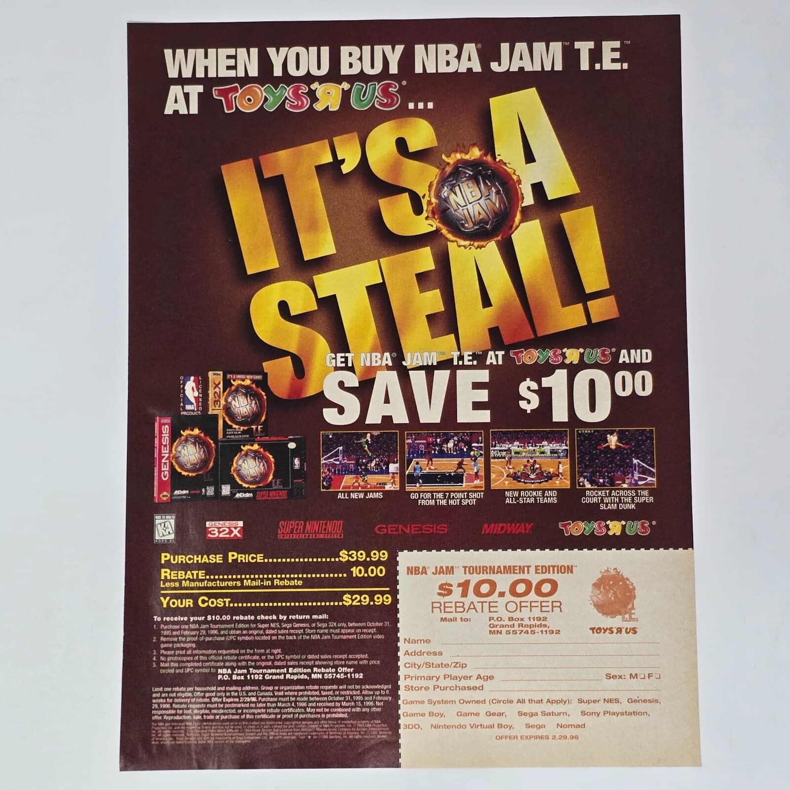 NBA Jam T.E. Sega Genesis 32X Nintendo SNES Toys"R"Us Print Ad/Poster Promo Art