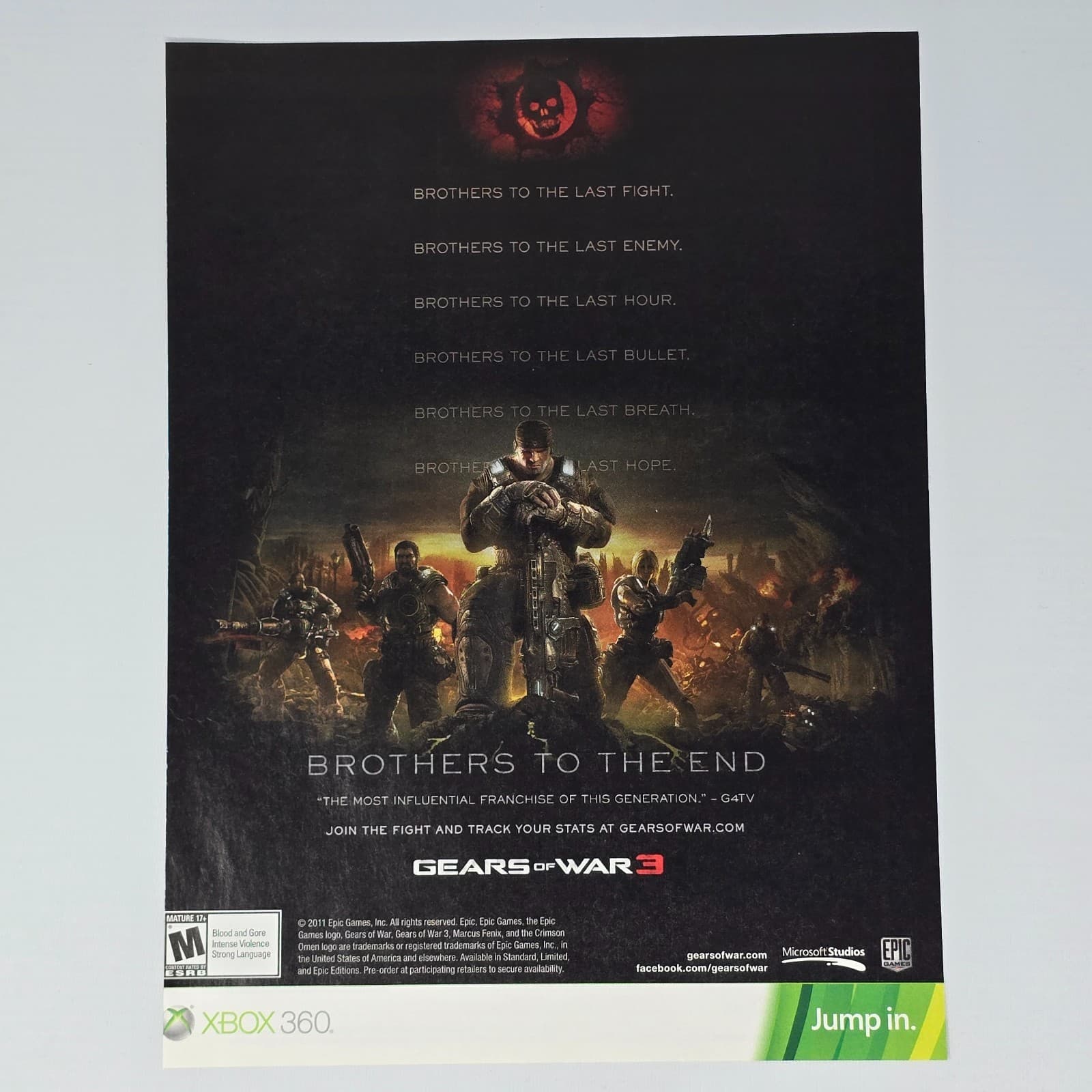 Gears Of War 3 Xbox 360 Brothers To The Last Fight Print Ad/Poster