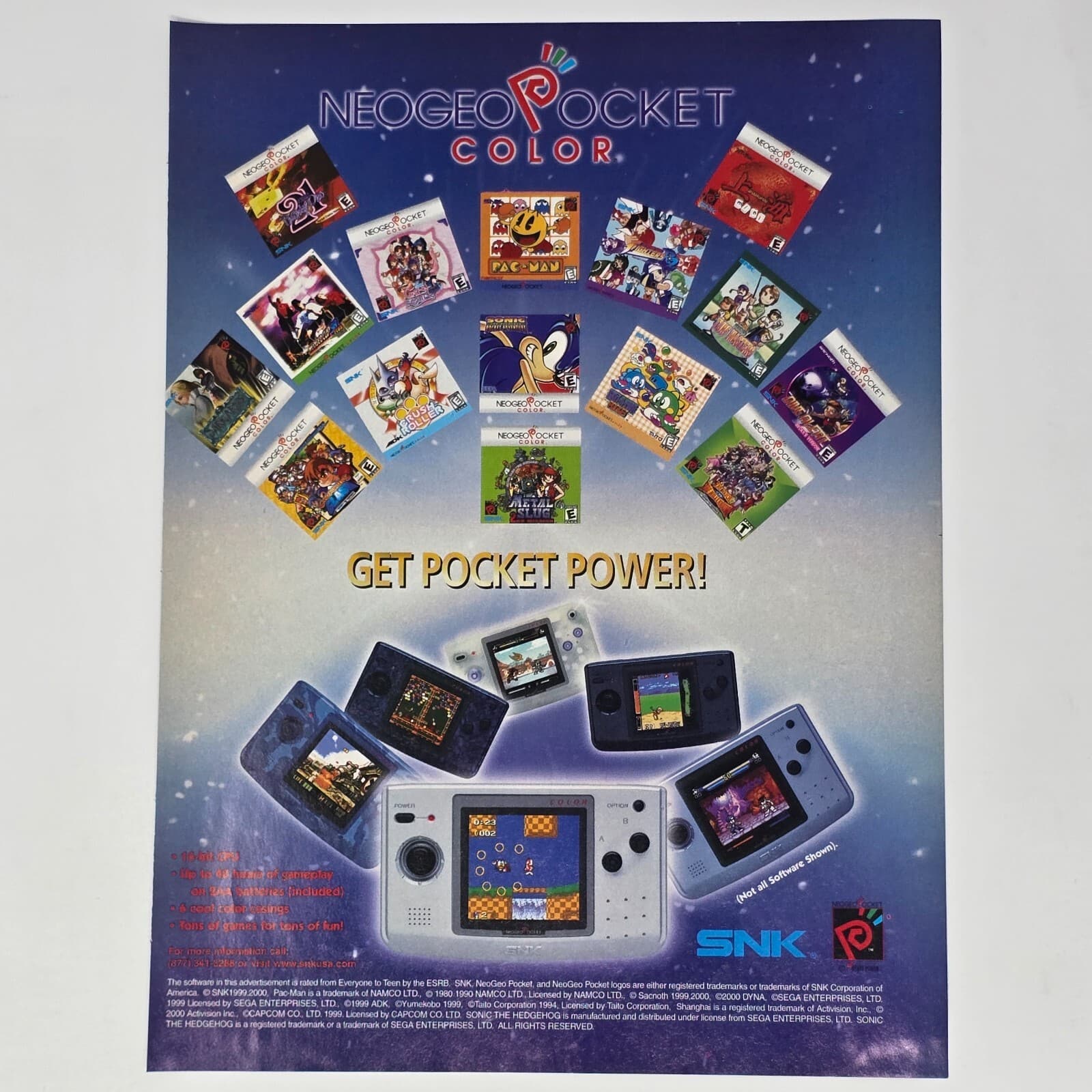 NeoGeo Pocket Color Handheld Console Sonic SNK Print Ad/Poster Promo Art