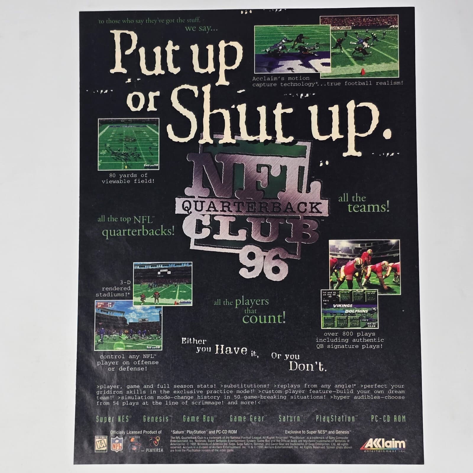 NFL Quarterback Club 96 SNES Genesis Saturn PS1 PC Print Ad/Poster Promo Art
