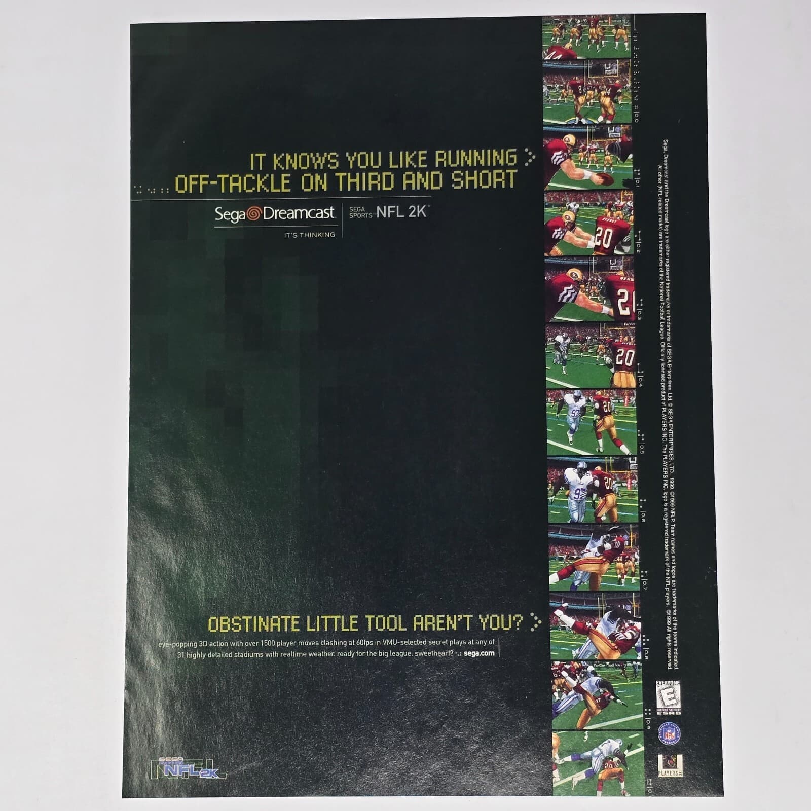 NFL 2K Sega Dreamcast Obstinate Tool Print Ad/Poster Promo Art