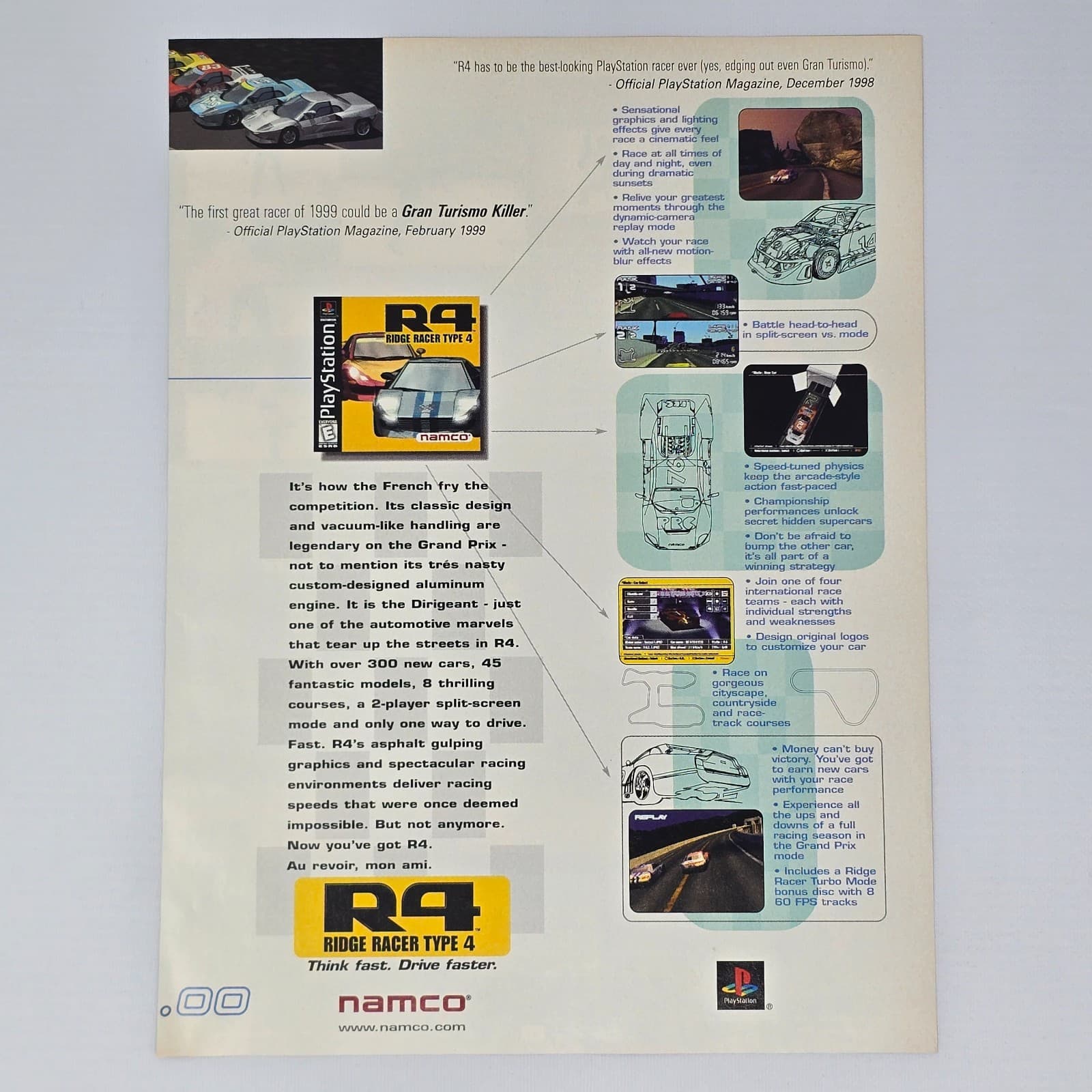 R4 Ridge Racer Type 4 PlayStation 1 PS1 Think Fast Print Ad/Poster