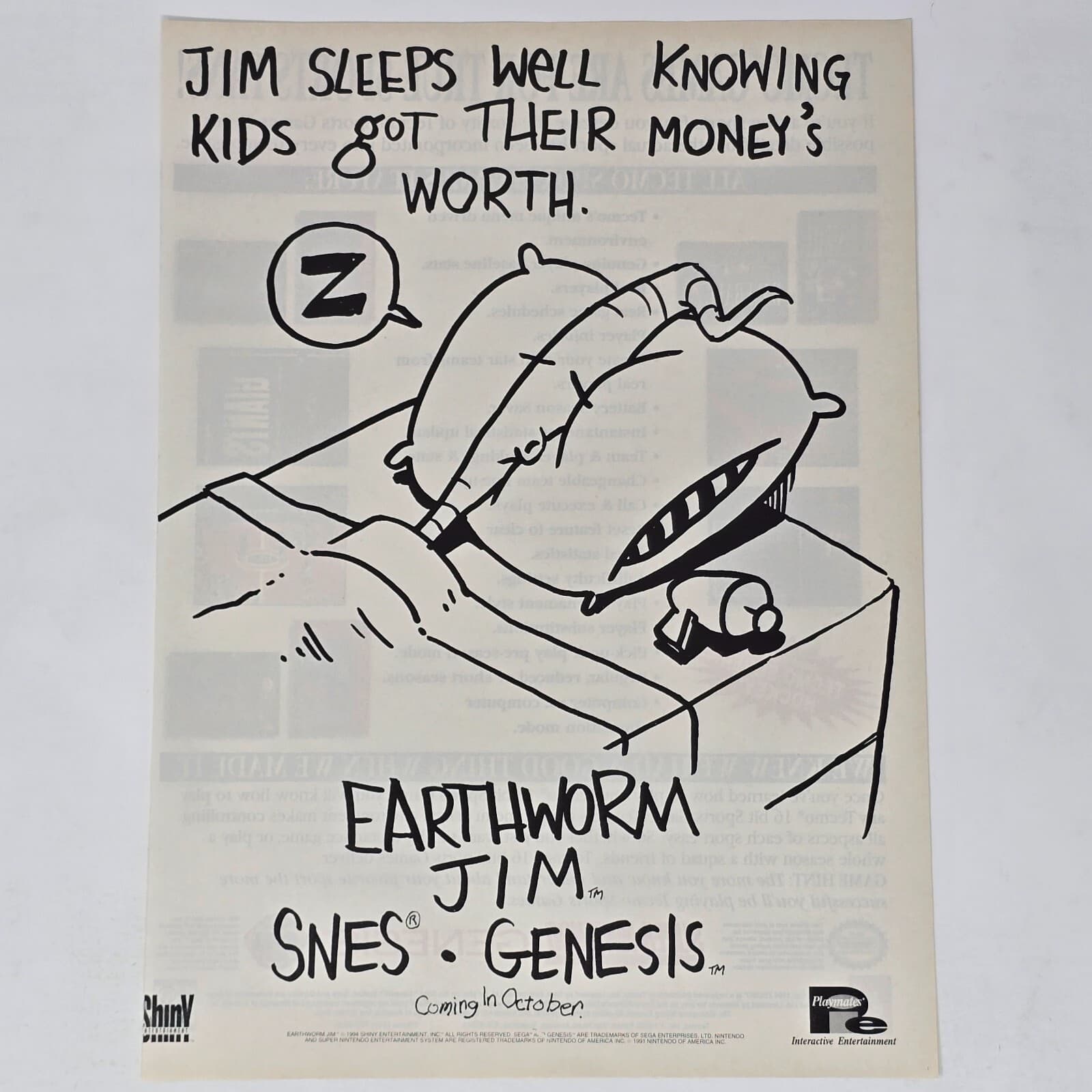 Earthworm Jim Sega Genesis Super Nintendo SNES Sleeps Print Ad/Poster Art