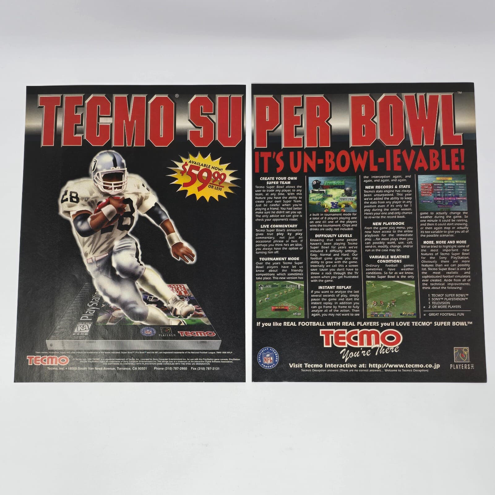 Tecmo Super Bowl Sony PlayStation 1 PS1 You're There Print Ad/Poster Promo Art