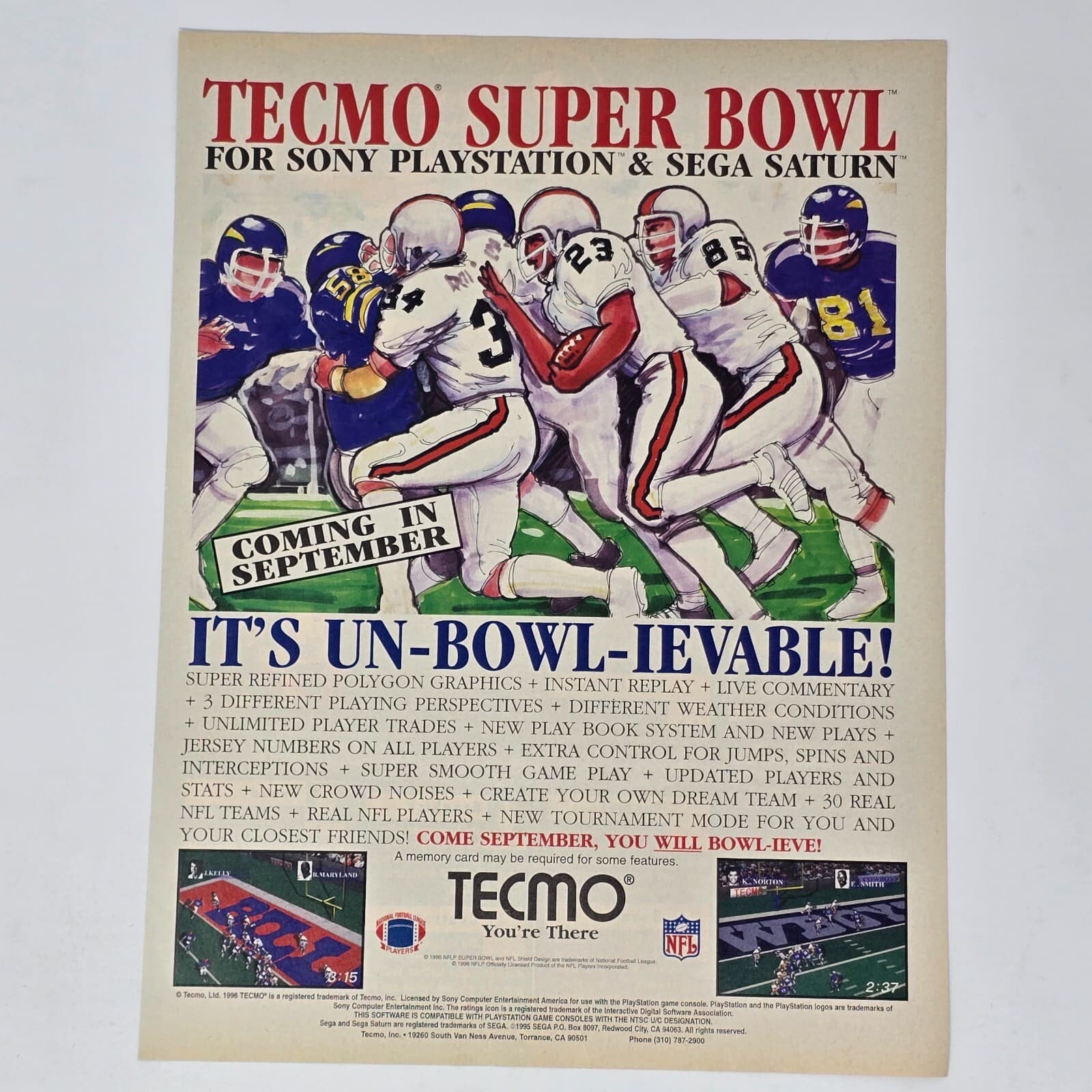Tecmo Super Bowl PlayStation 1 PS1 Sega Saturn Sept Print Ad/Poster Promo Art