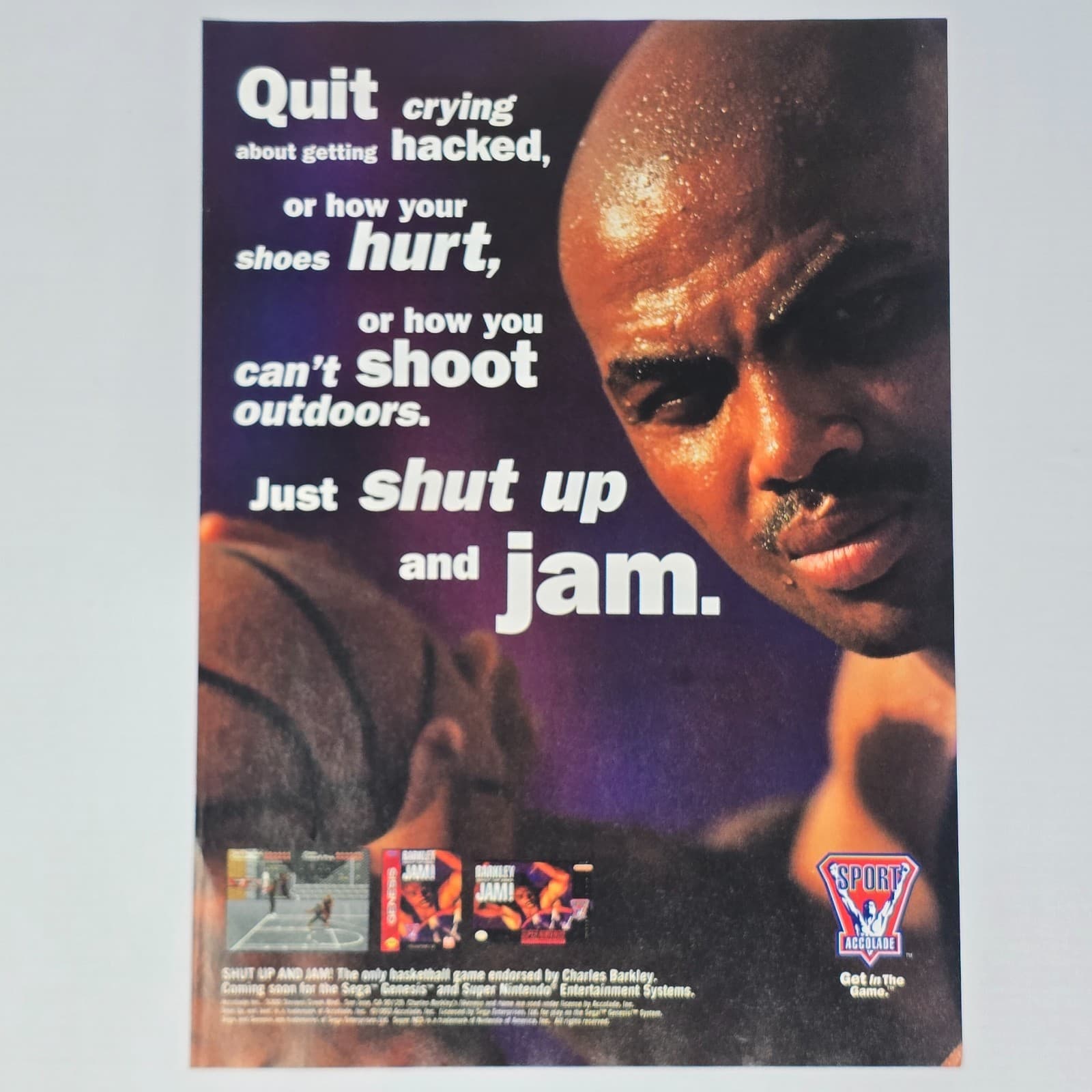 Barkley Shut Up And Jam SNES Genesis Quit Crying Print Ad/Poster
