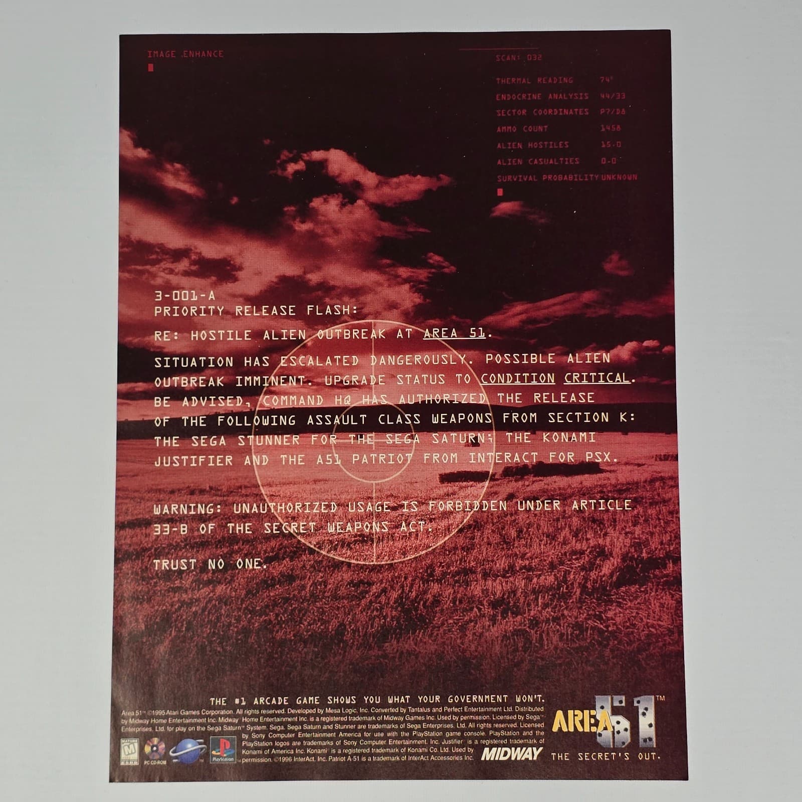 Area 51 Sega Saturn PlayStation PS1 PC Hostile Print Ad/Poster