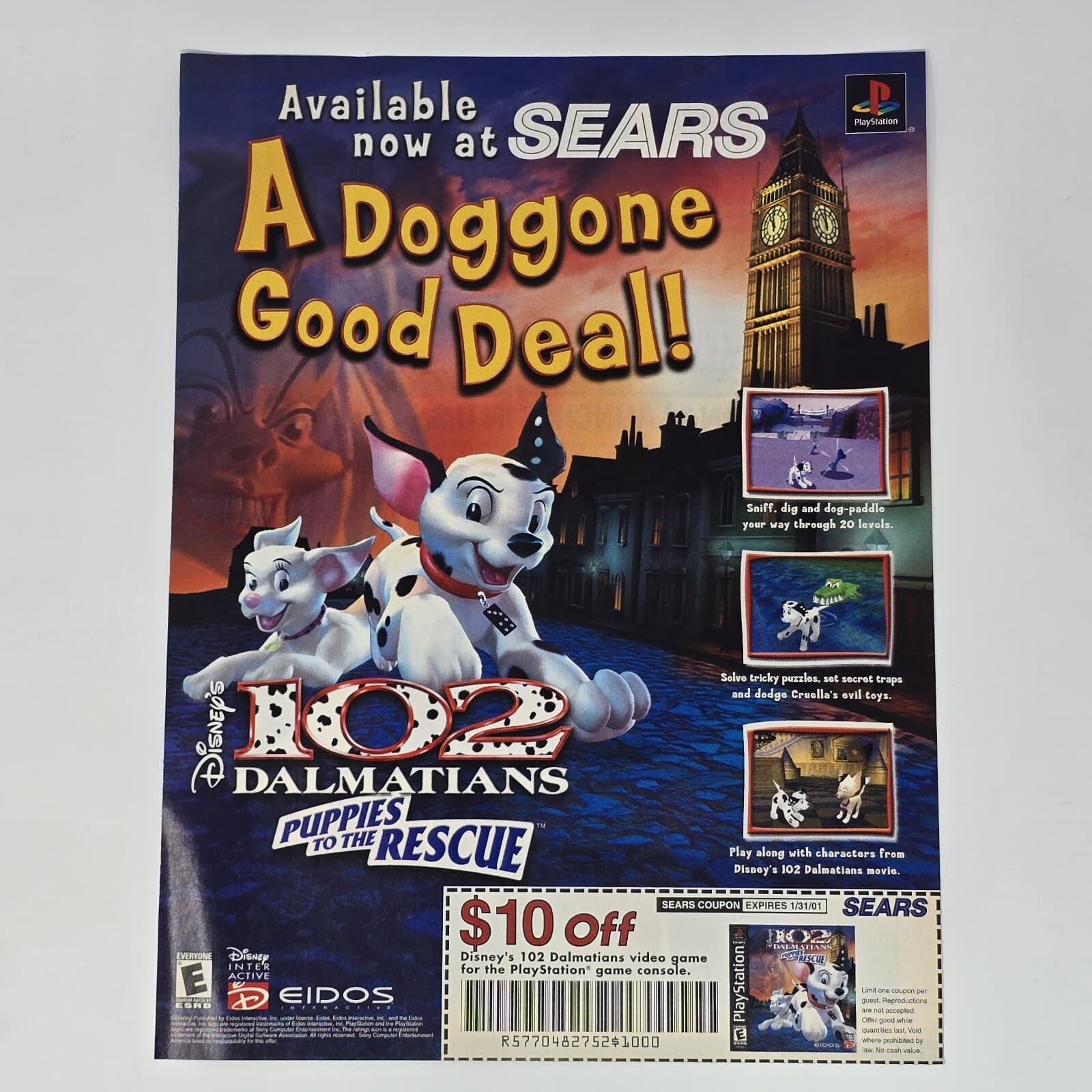 102 Dalmatians PS1 Sears Disney Eidos Doggone Print Ad/Poster Official Promo Art