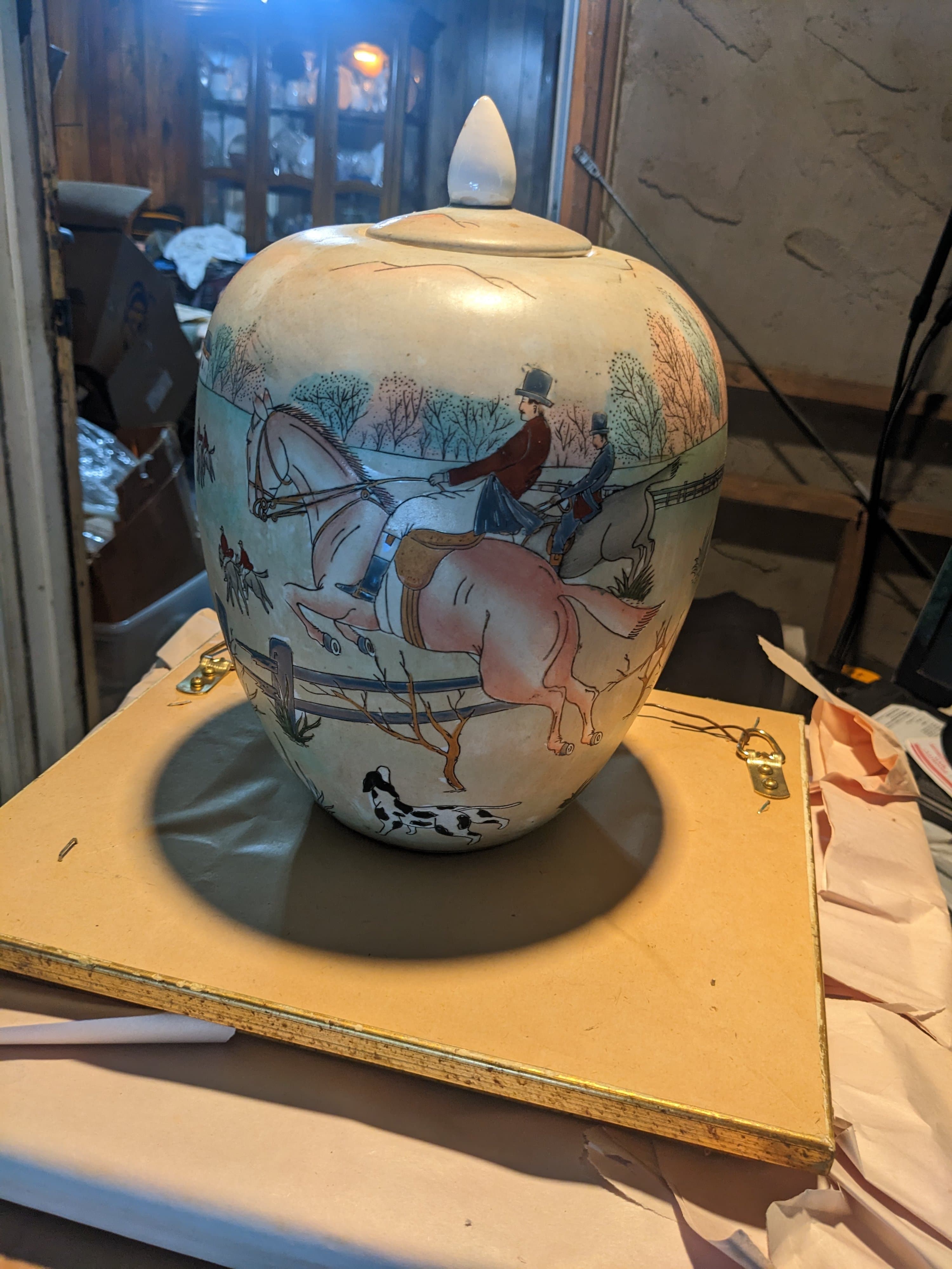 Vintage Ceramic Lidded Jar with Equestrian Scene